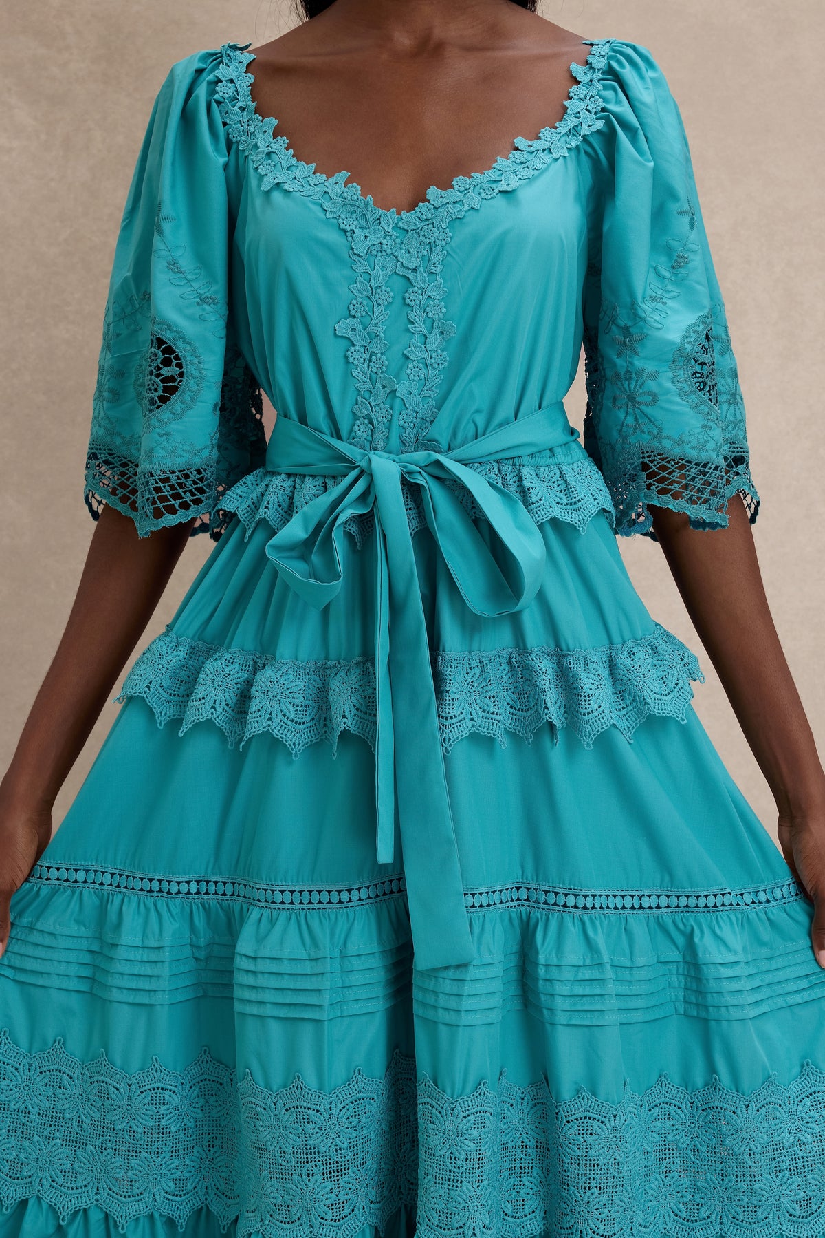 Lace Embroidered Pleated Maxi Dress