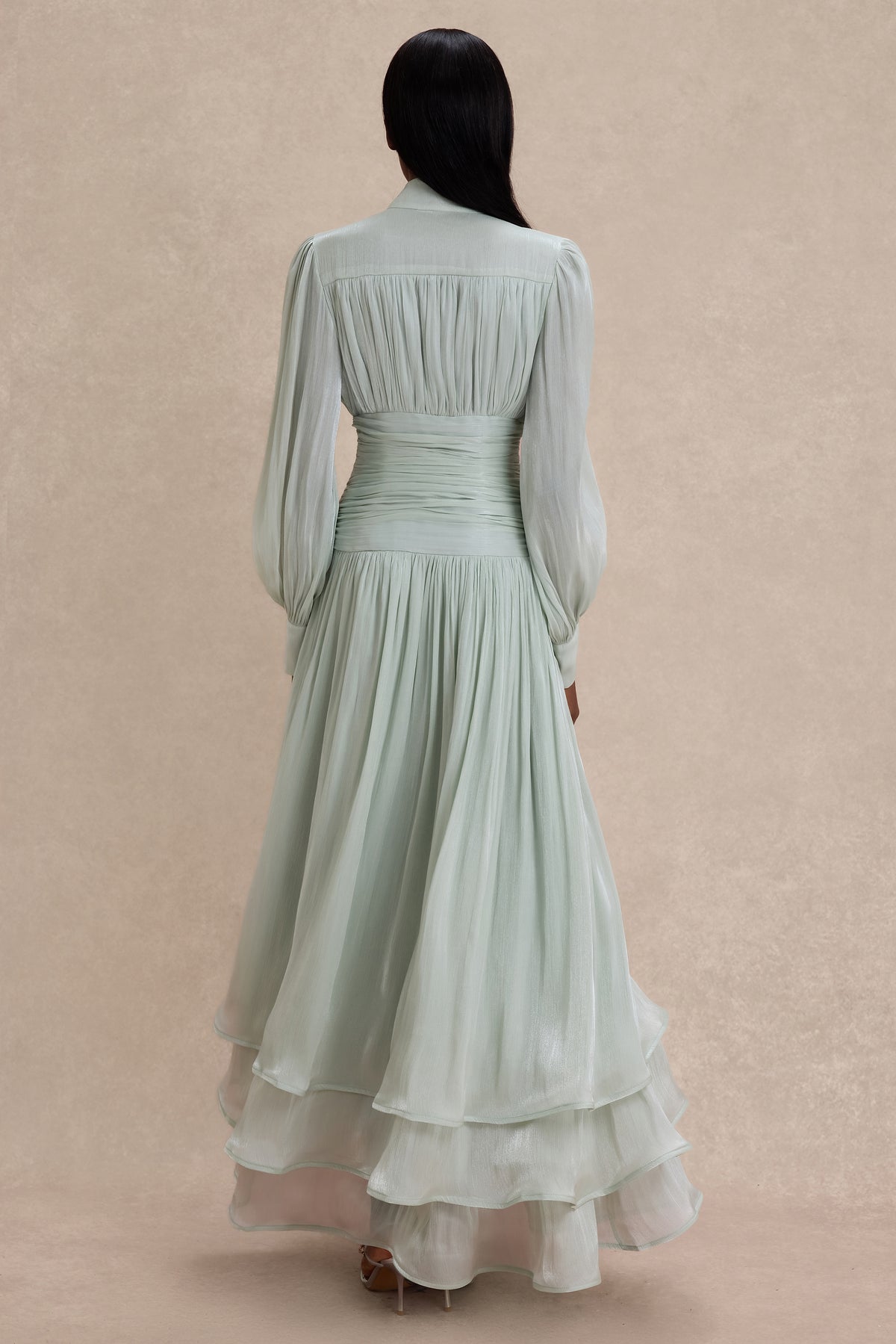 Satin Ruffle Lantern Sleeve Midi Dress