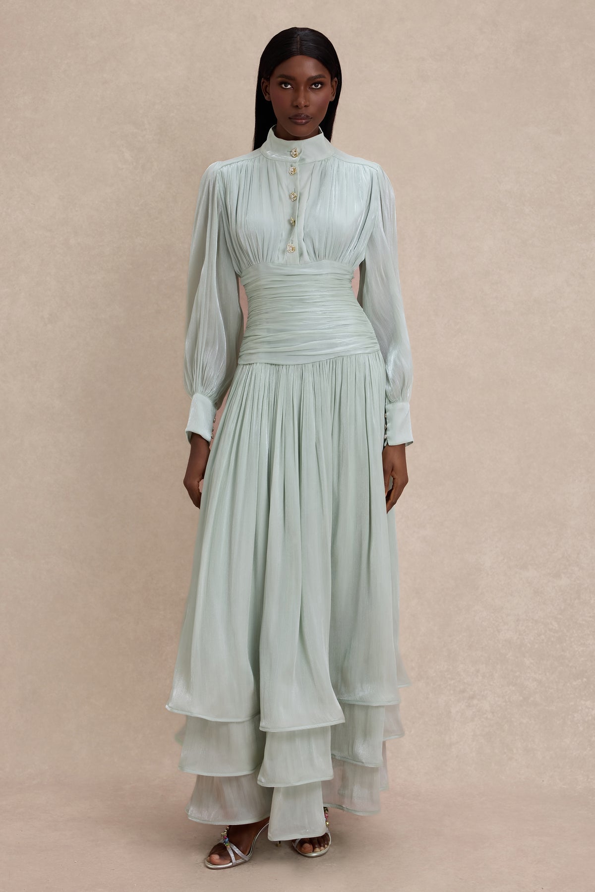 Satin Ruffle Lantern Sleeve Midi Dress