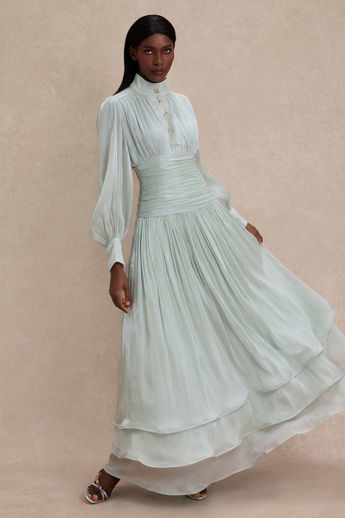 Satin Ruffle Lantern Sleeve Midi Dress