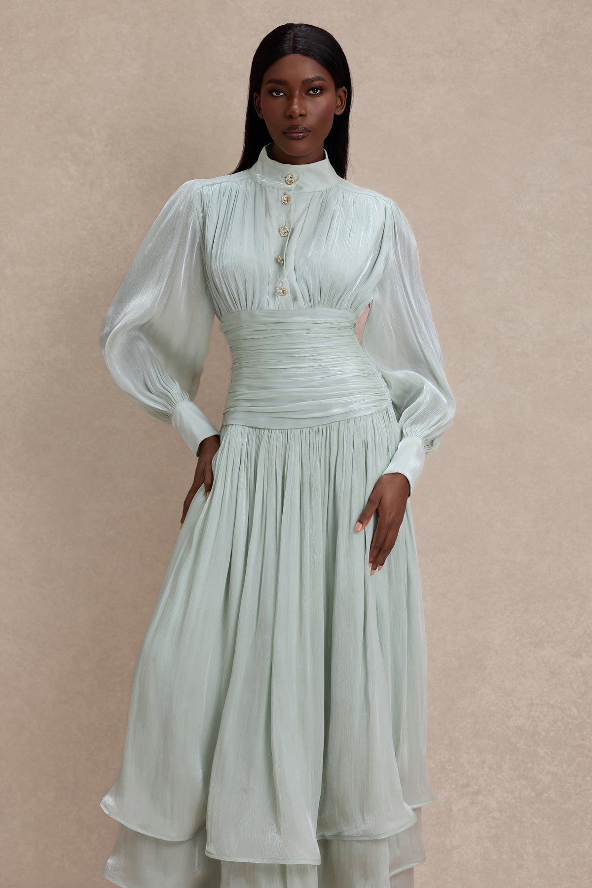 Satin Ruffle Lantern Sleeve Midi Dress