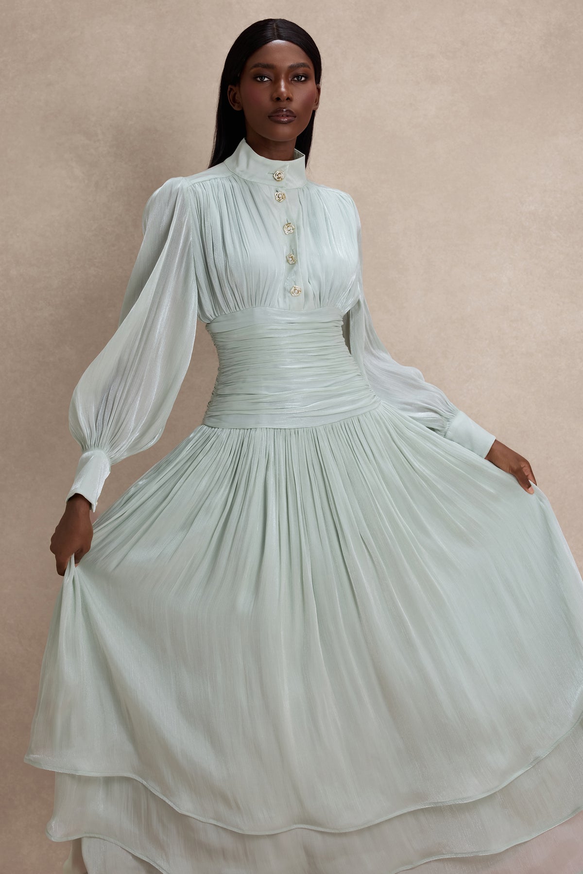 Satin Ruffle Lantern Sleeve Midi Dress