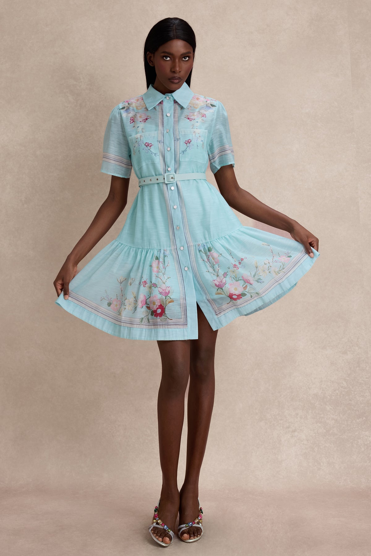 Floral Tie-Up Mini Dress With Belt