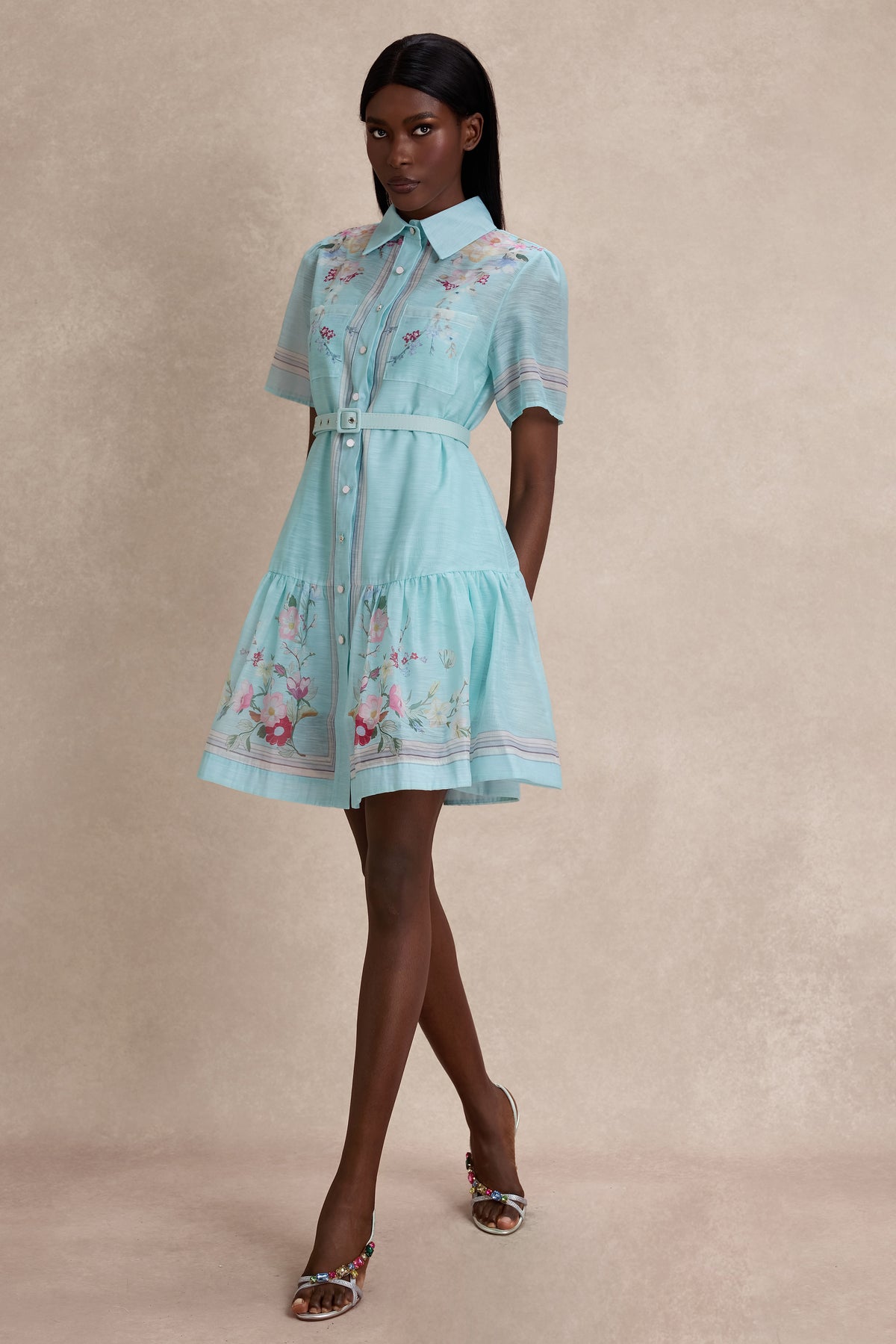 Floral Tie-Up Mini Dress With Belt