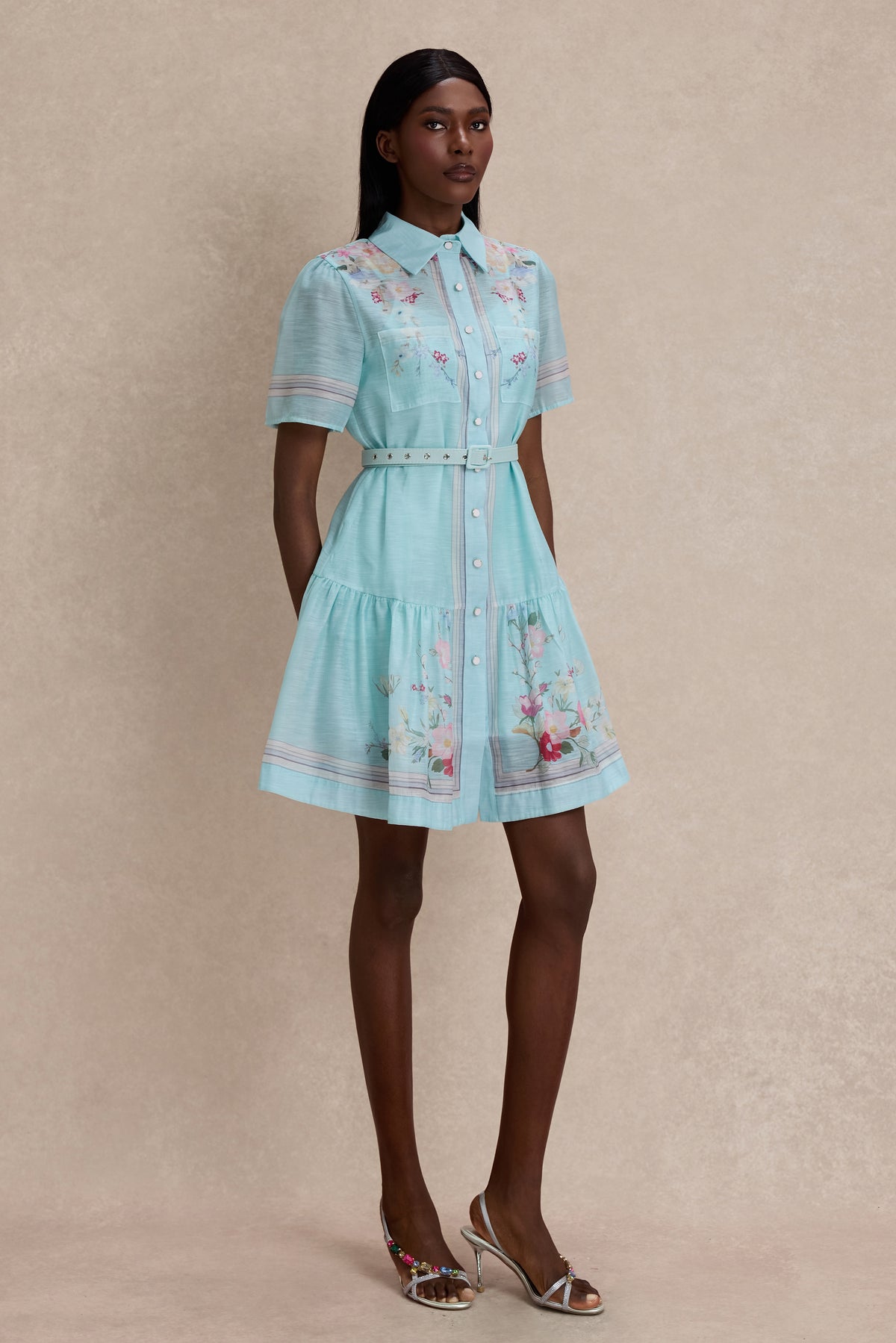 Floral Tie-Up Mini Dress With Belt