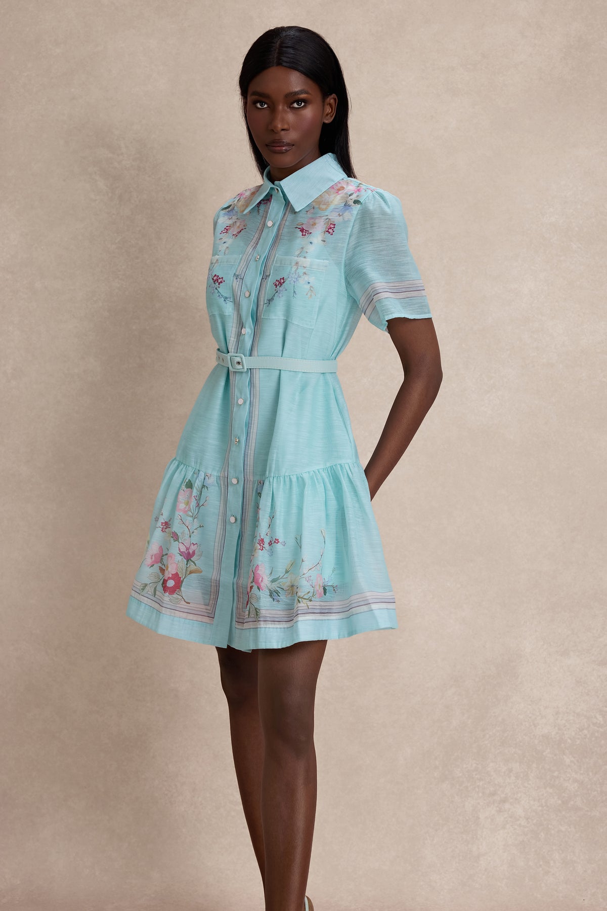 Floral Tie-Up Mini Dress With Belt