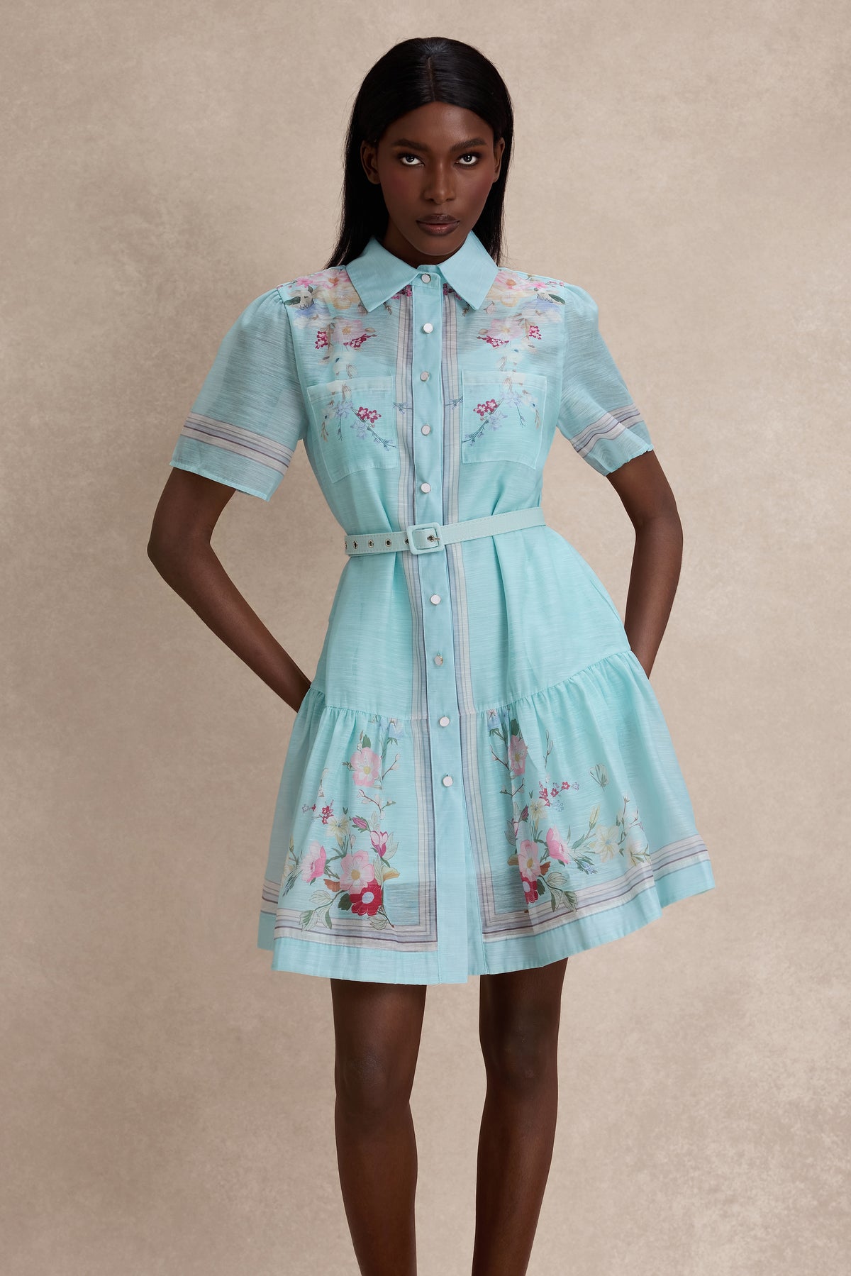 Floral Tie-Up Mini Dress With Belt