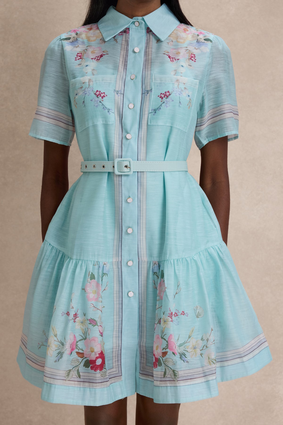 Floral Tie-Up Mini Dress With Belt
