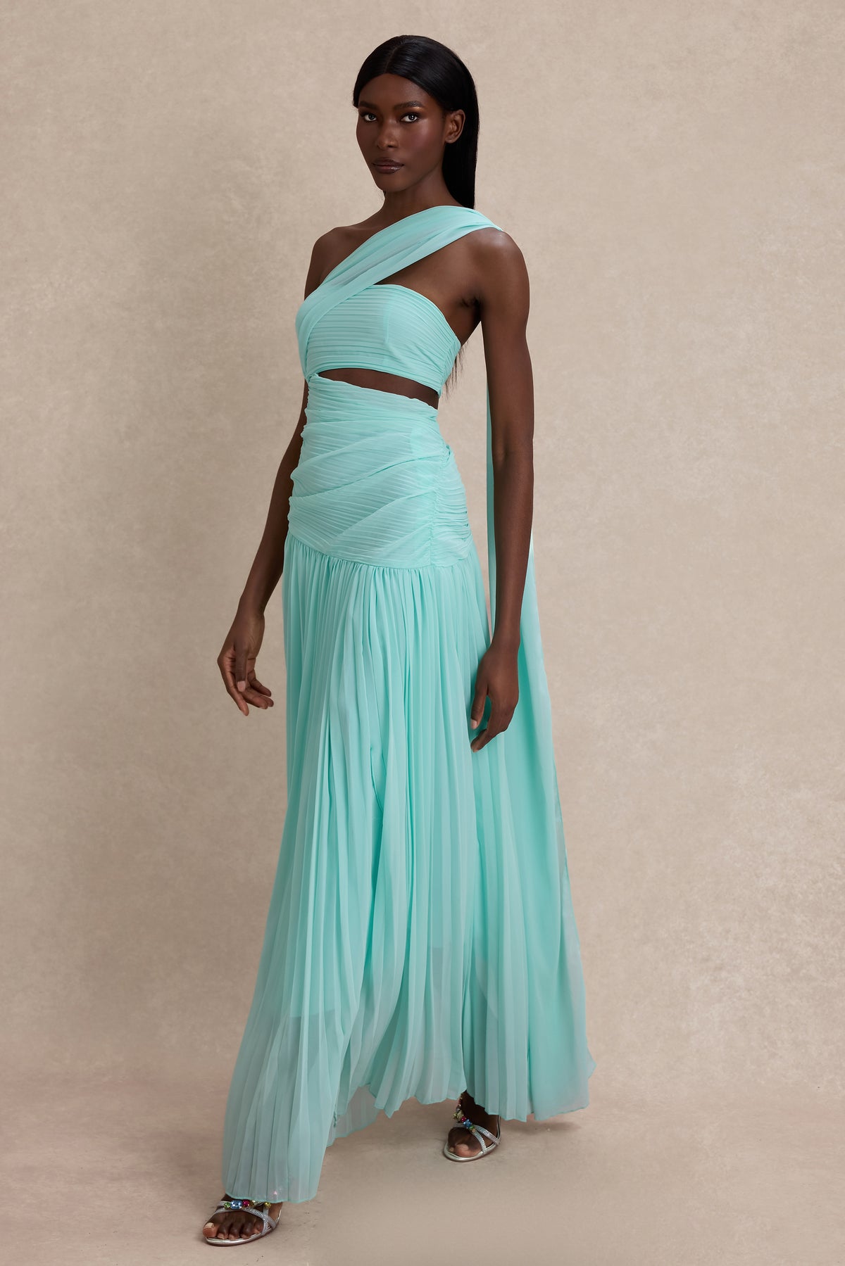 Chiffon Pleated Slit Maxi Dress