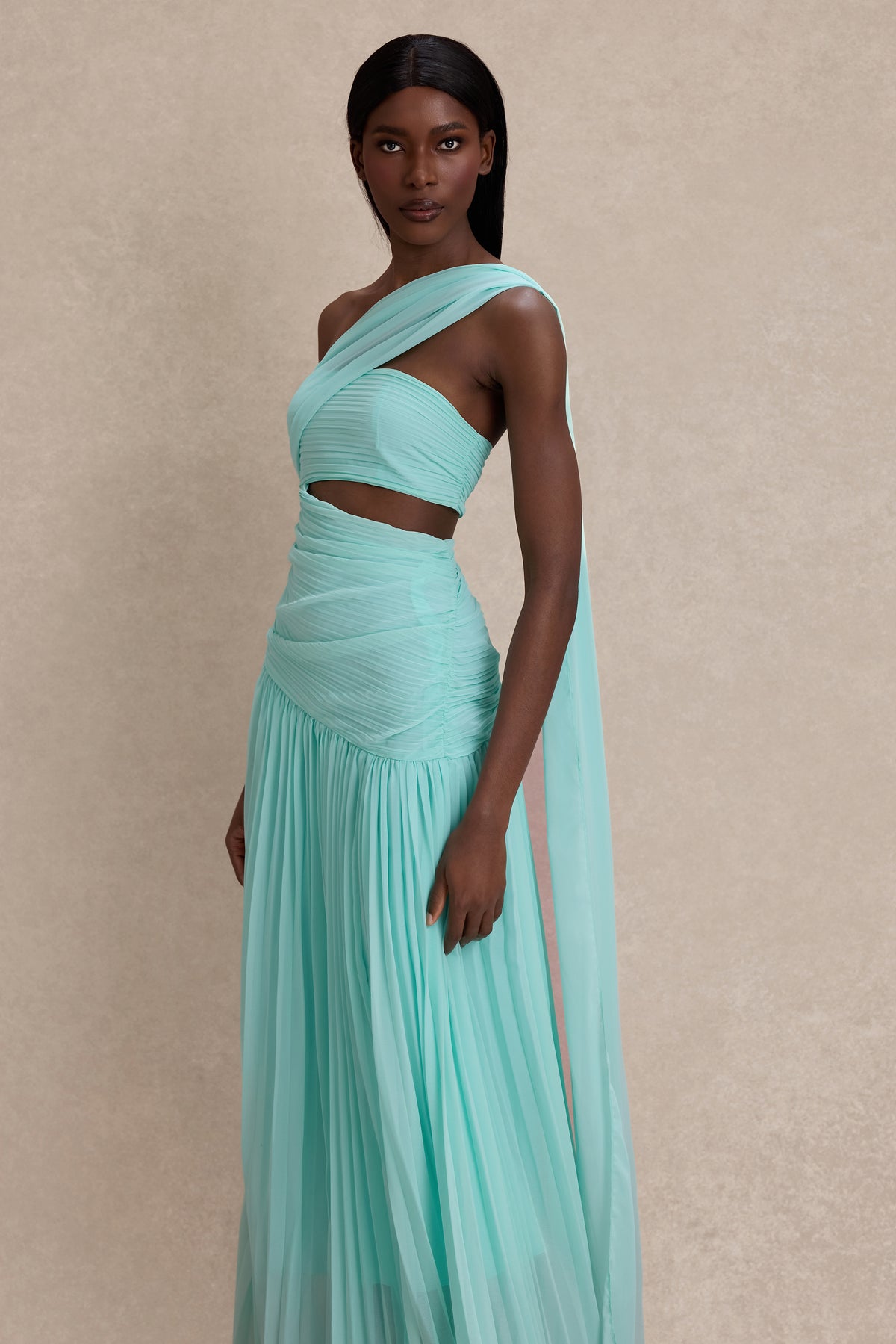 Chiffon Pleated Slit Maxi Dress