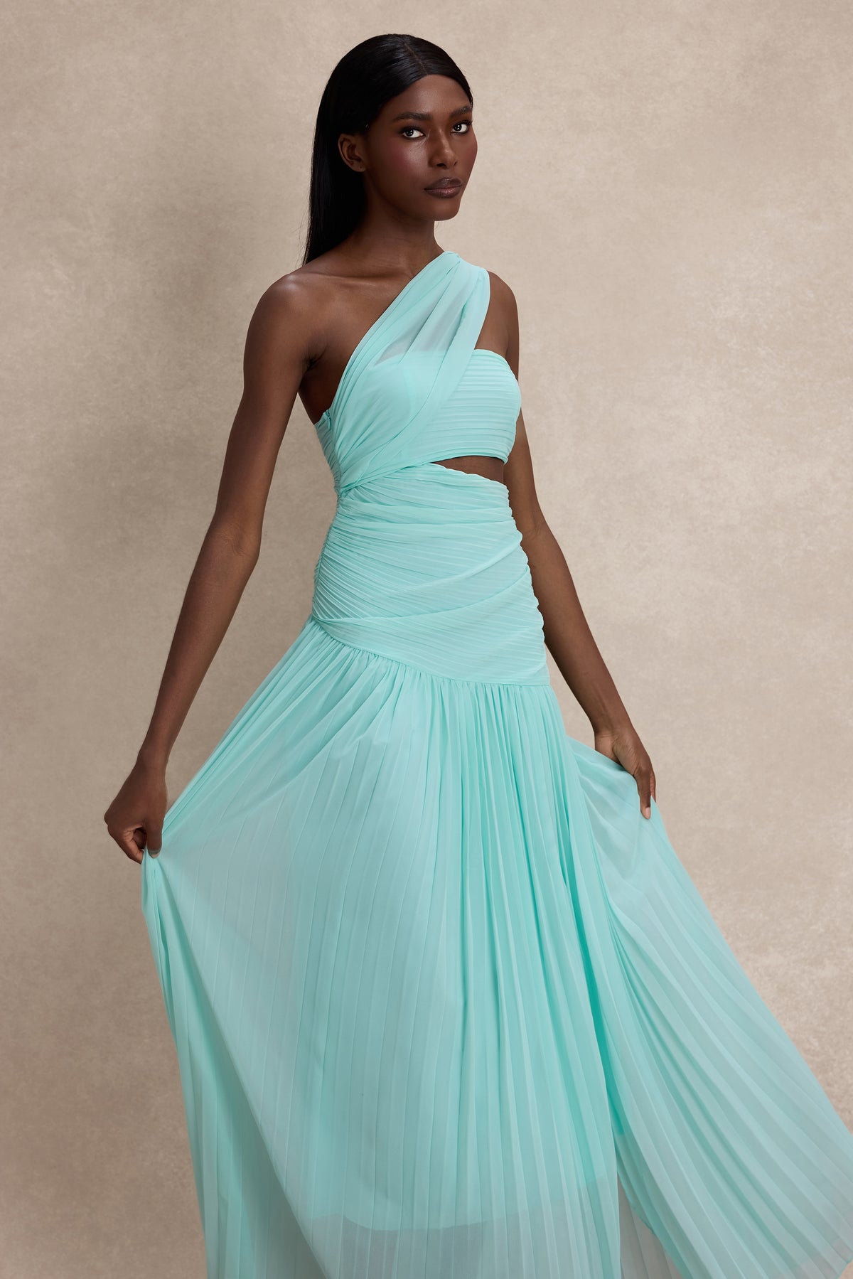 Chiffon Pleated Slit Maxi Dress