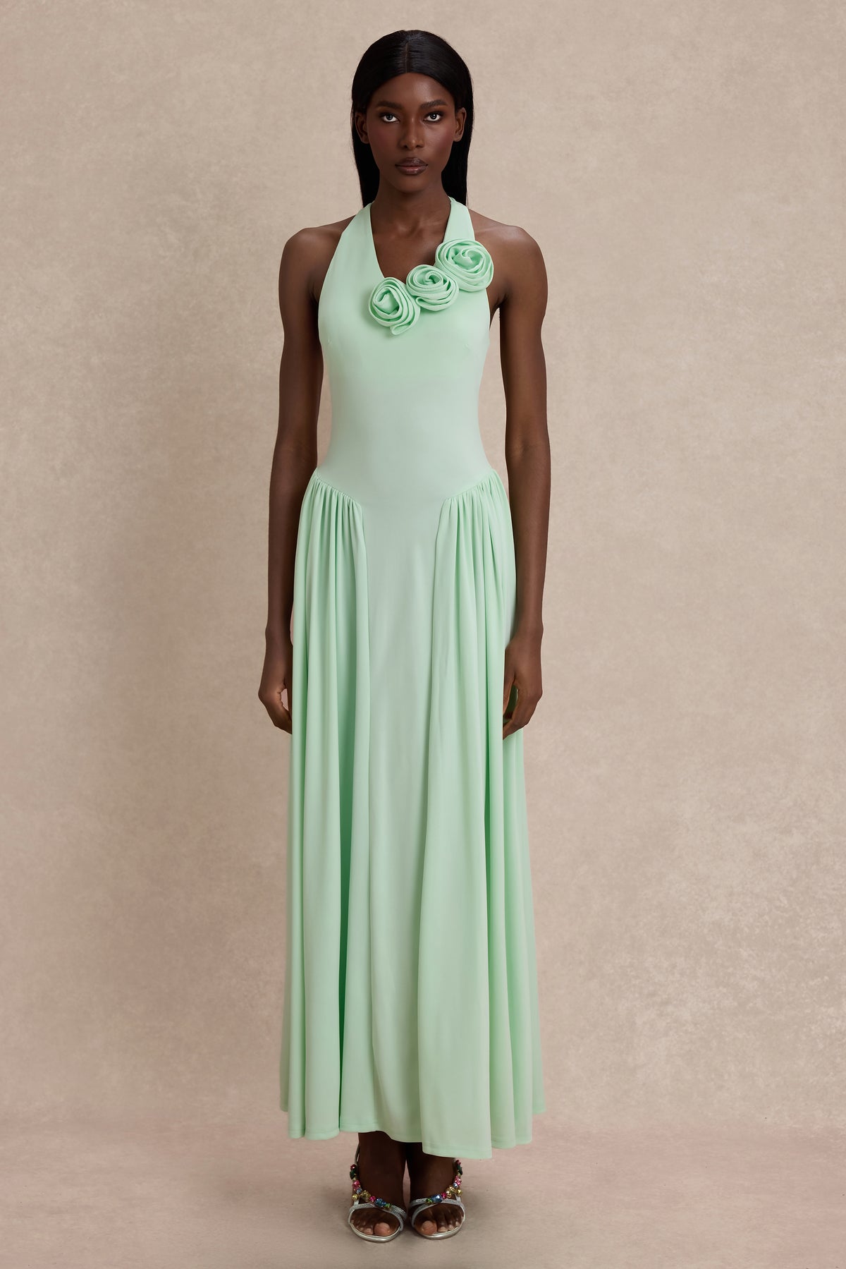 Jersey Halter Neck 3D Flower Maxi Dress