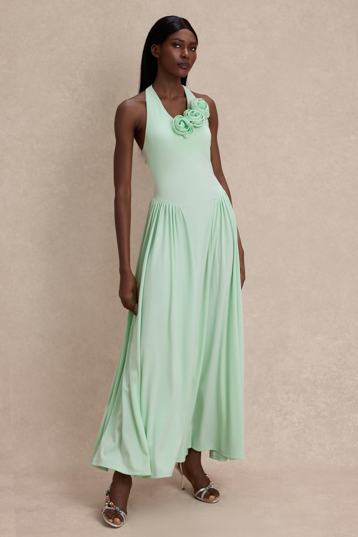 Jersey Halter Neck 3D Flower Maxi Dress