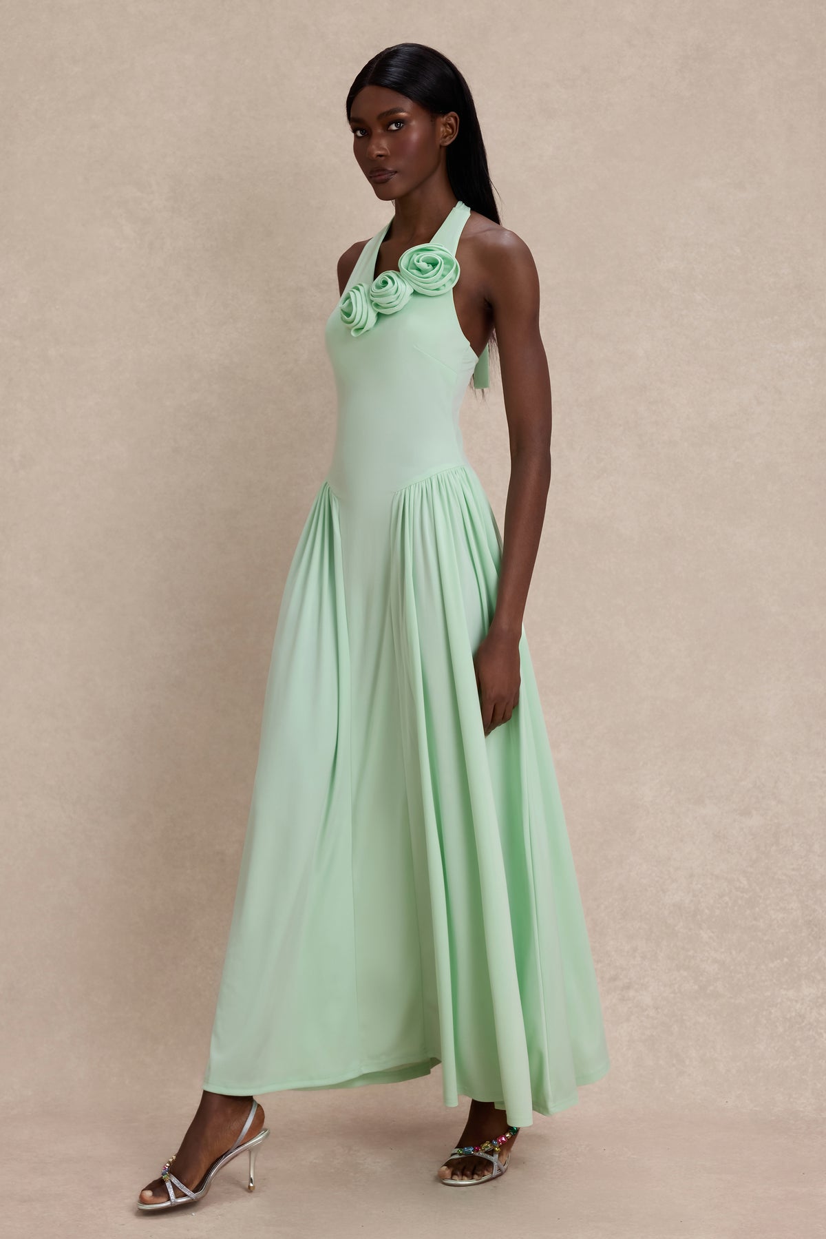 Jersey Halter Neck 3D Flower Maxi Dress