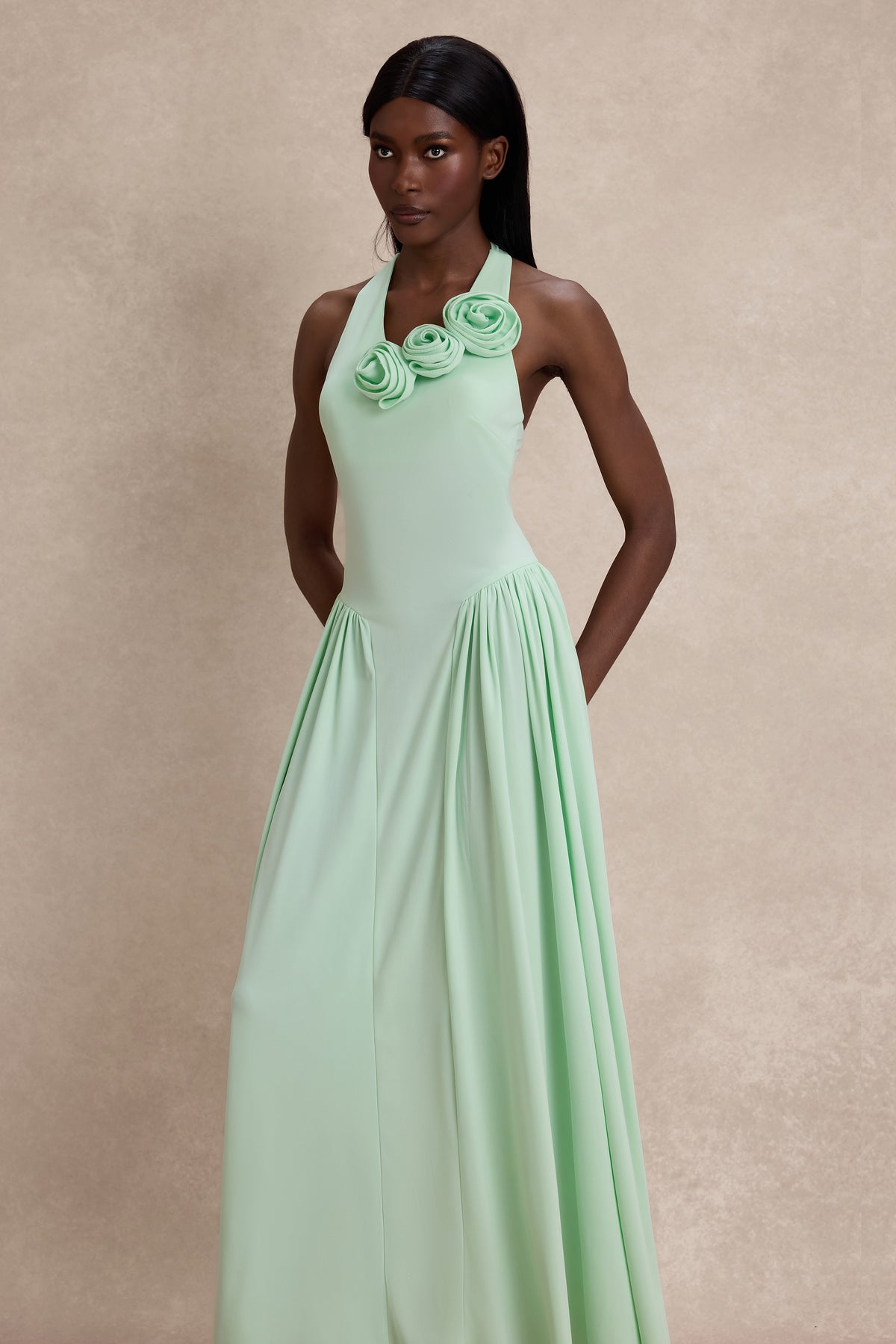 Jersey Halter Neck 3D Flower Maxi Dress