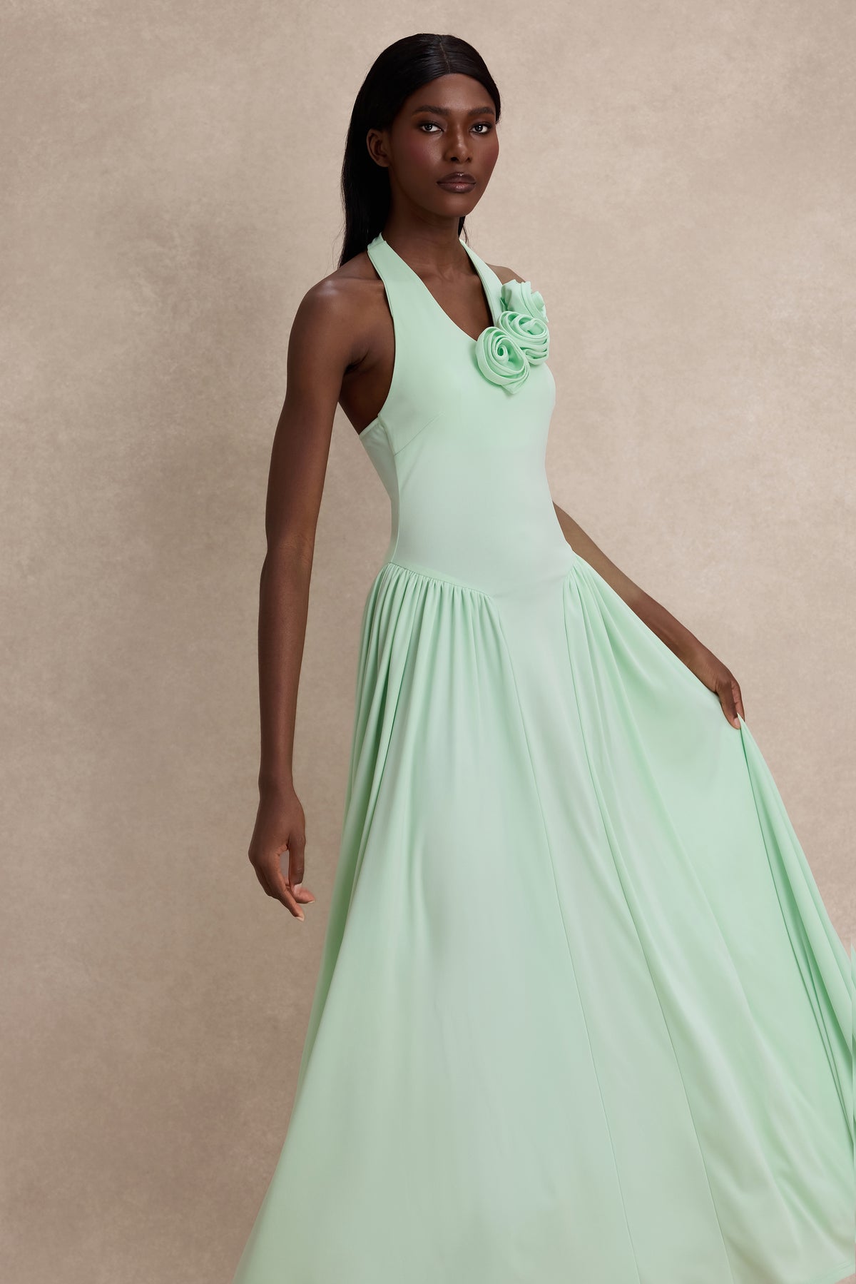 Jersey Halter Neck 3D Flower Maxi Dress