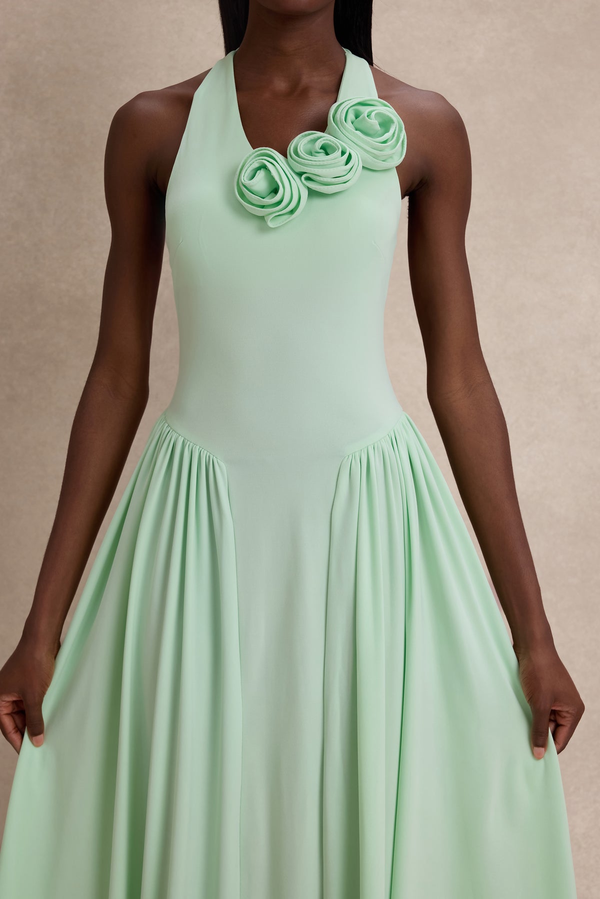 Jersey Halter Neck 3D Flower Maxi Dress