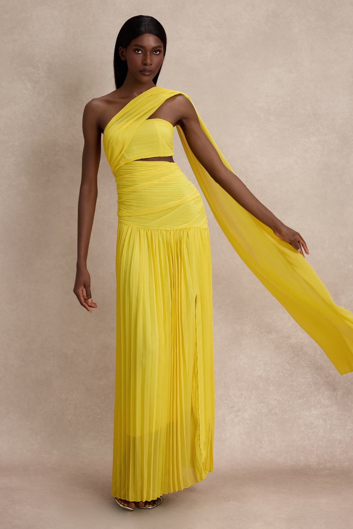Chiffon Pleated Slit Maxi Dress