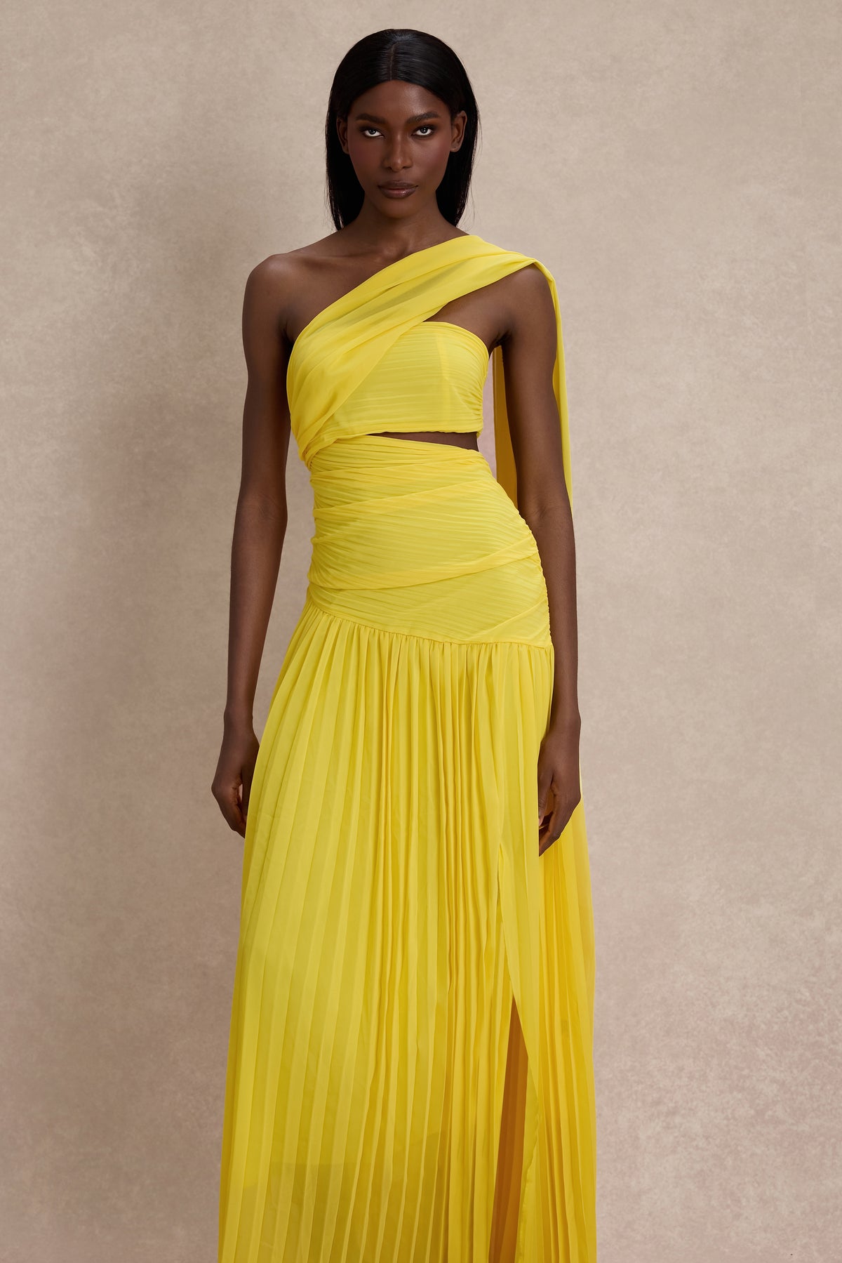 Chiffon Pleated Slit Maxi Dress