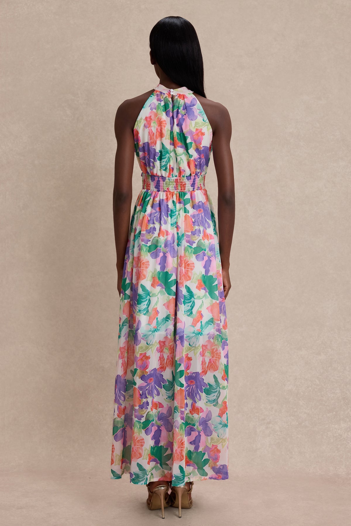 Chiffon Abstract Print Smocking Maxi Dress