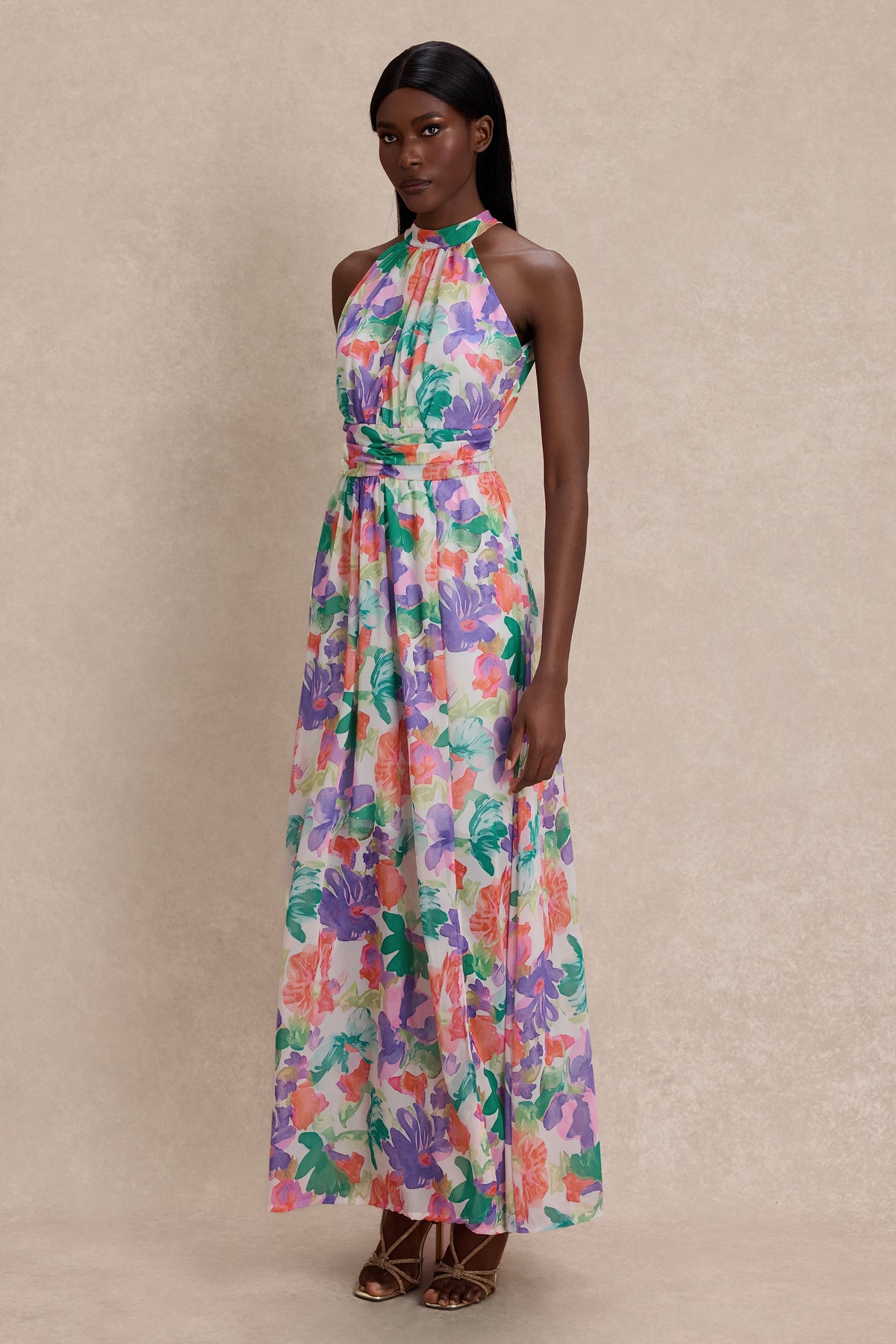 Chiffon Abstract Print Smocking Maxi Dress