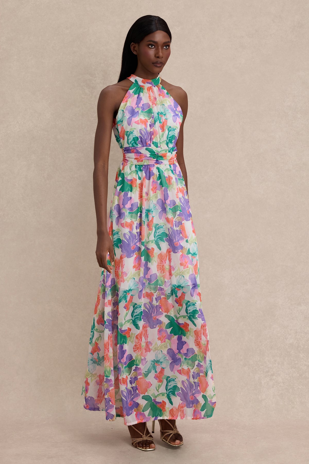 Chiffon Abstract Print Smocking Maxi Dress