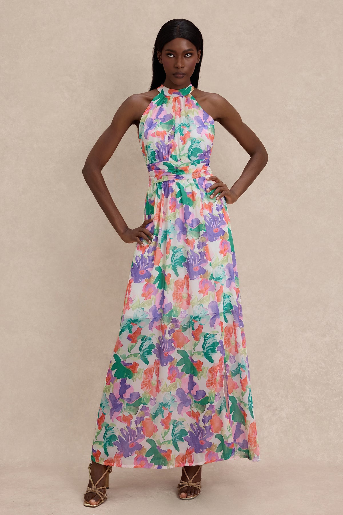 Chiffon Abstract Print Smocking Maxi Dress