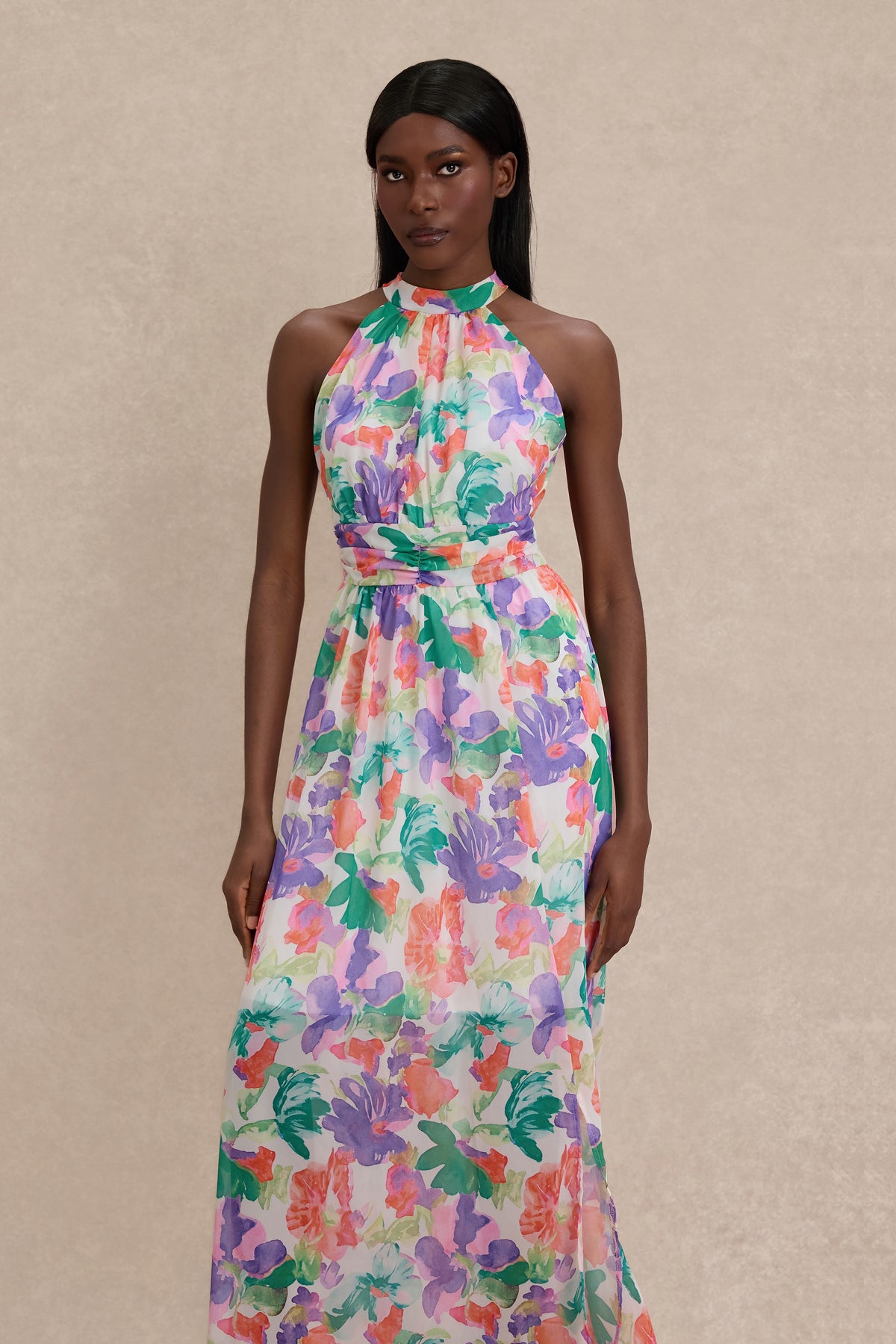 Chiffon Abstract Print Smocking Maxi Dress