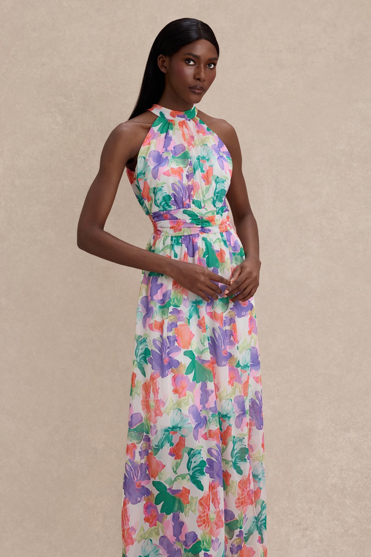Chiffon Abstract Print Smocking Maxi Dress