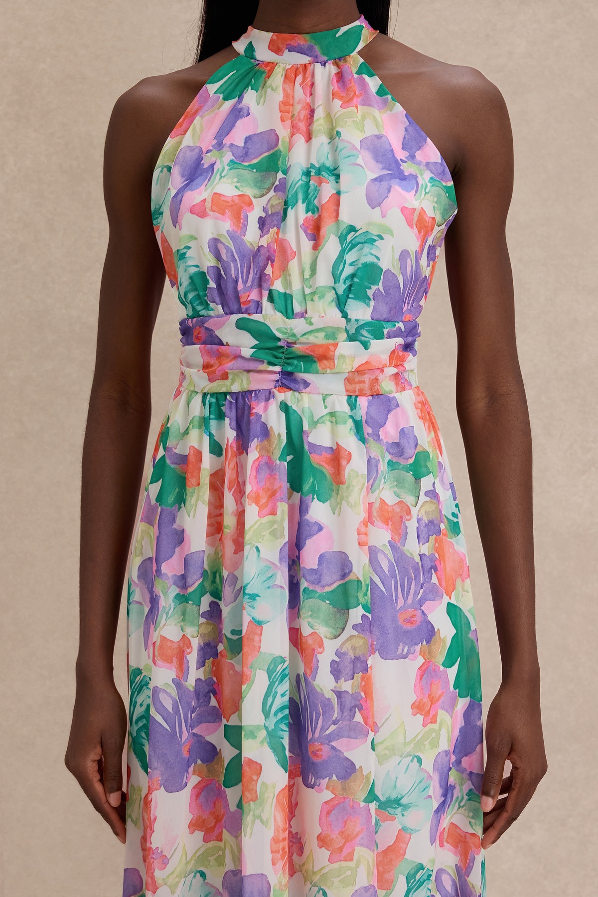 Chiffon Abstract Print Smocking Maxi Dress