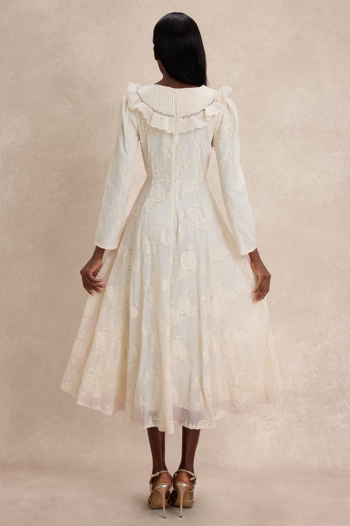 Chiffon Embroidered Ruffle Midi Dress