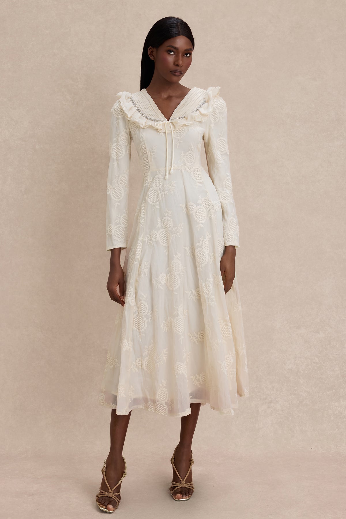 Chiffon Embroidered Ruffle Midi Dress