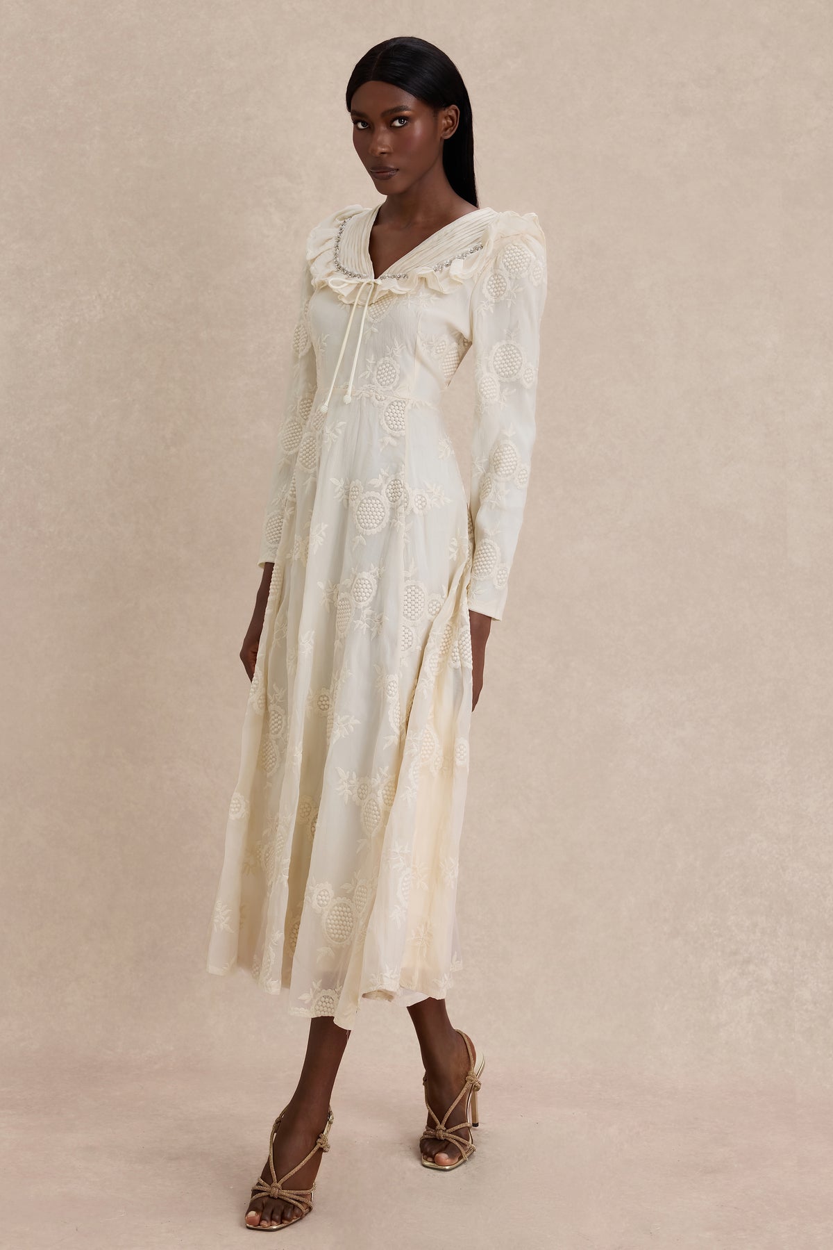 Chiffon Embroidered Ruffle Midi Dress