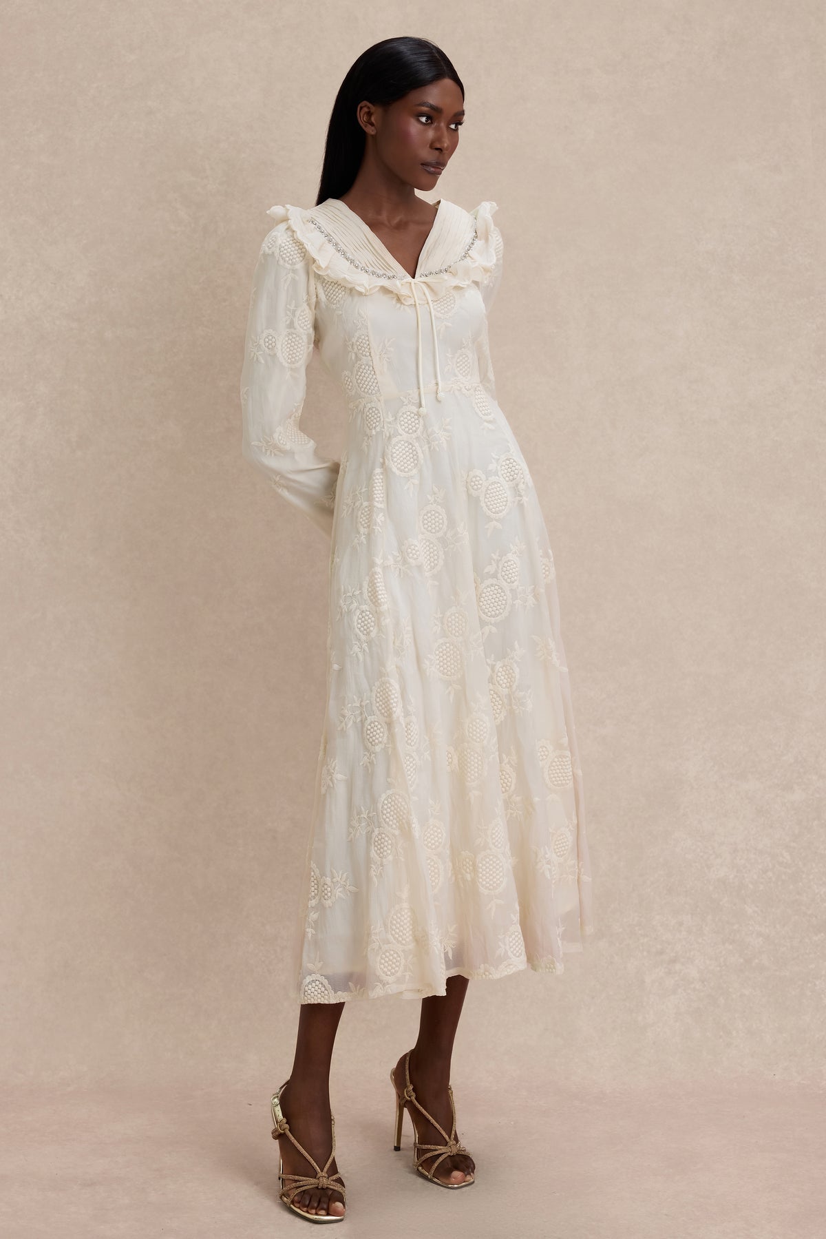 Chiffon Embroidered Ruffle Midi Dress