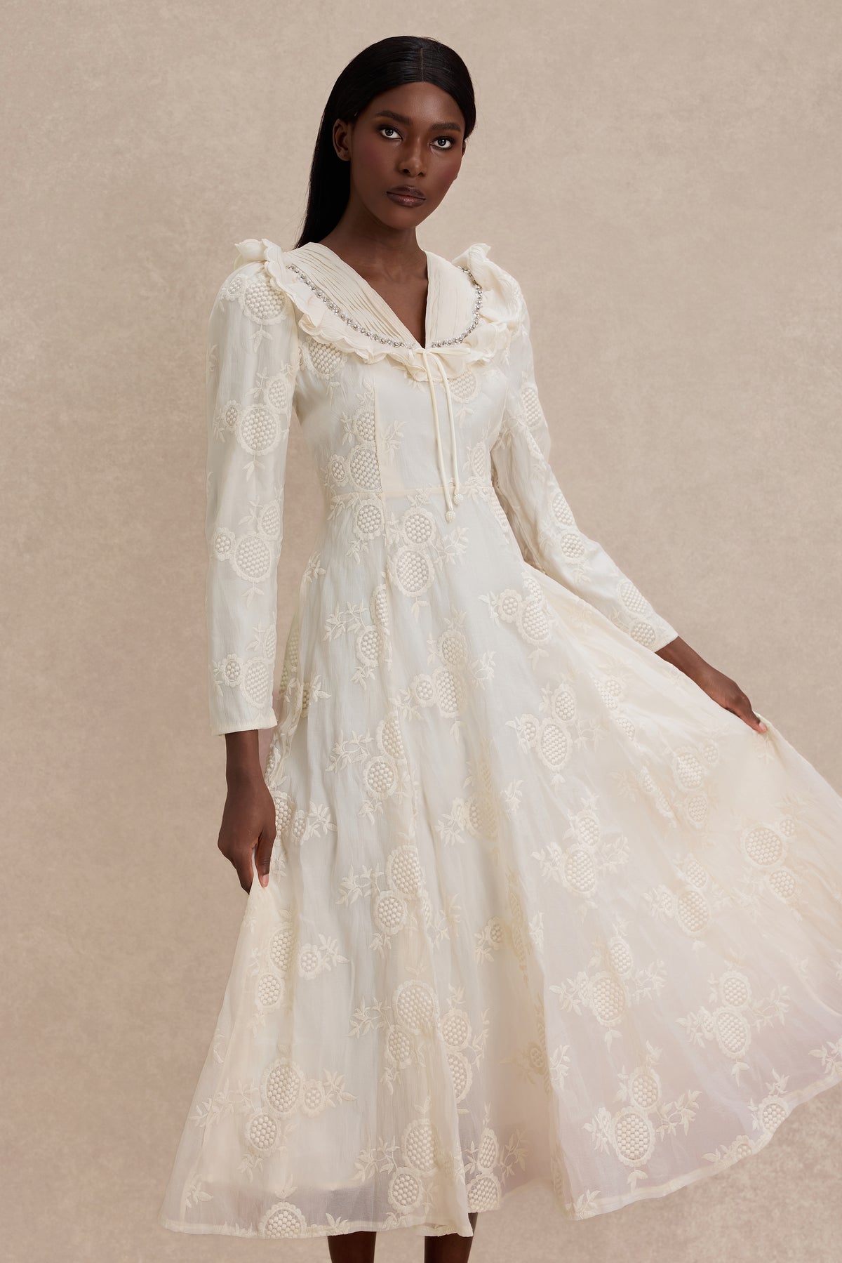 Chiffon Embroidered Ruffle Midi Dress