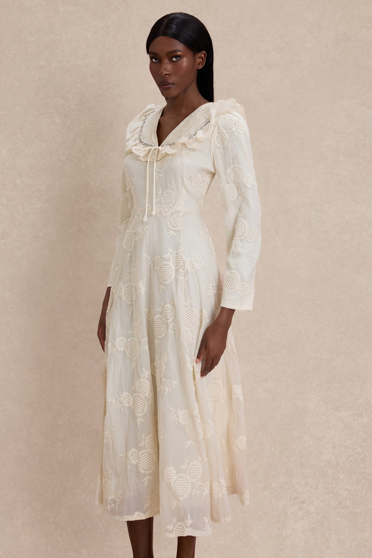 Chiffon Embroidered Ruffle Midi Dress