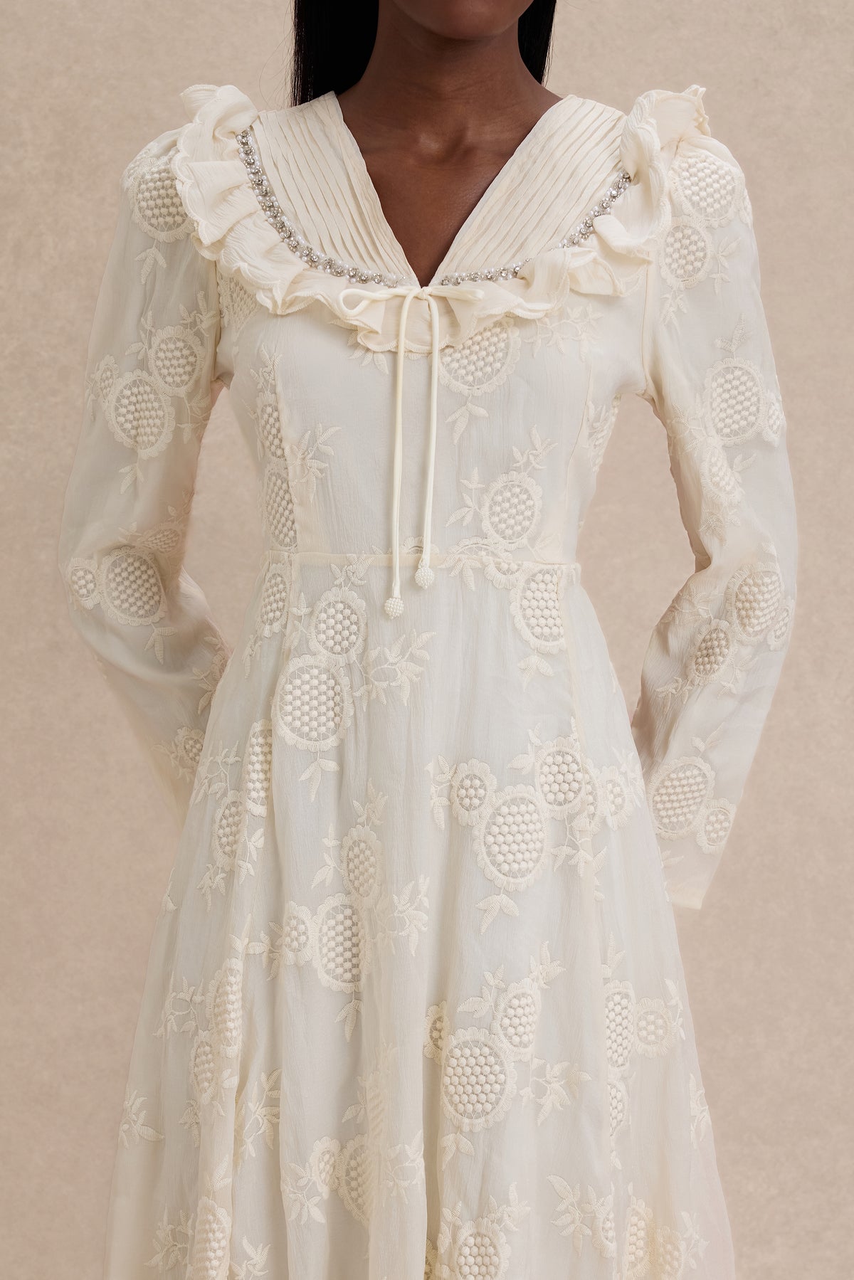 Chiffon Embroidered Ruffle Midi Dress
