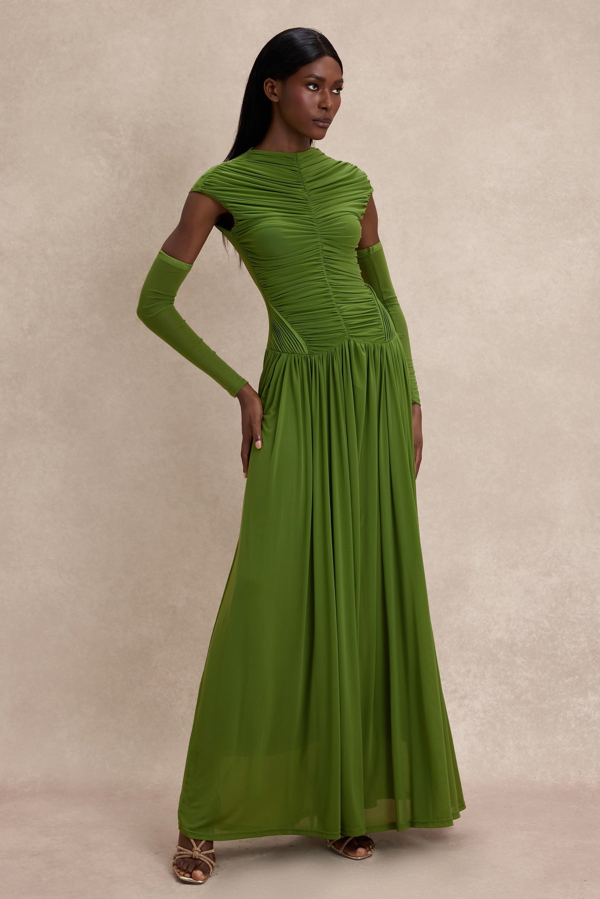 Gathering Solid Maxi Dress With Gloves