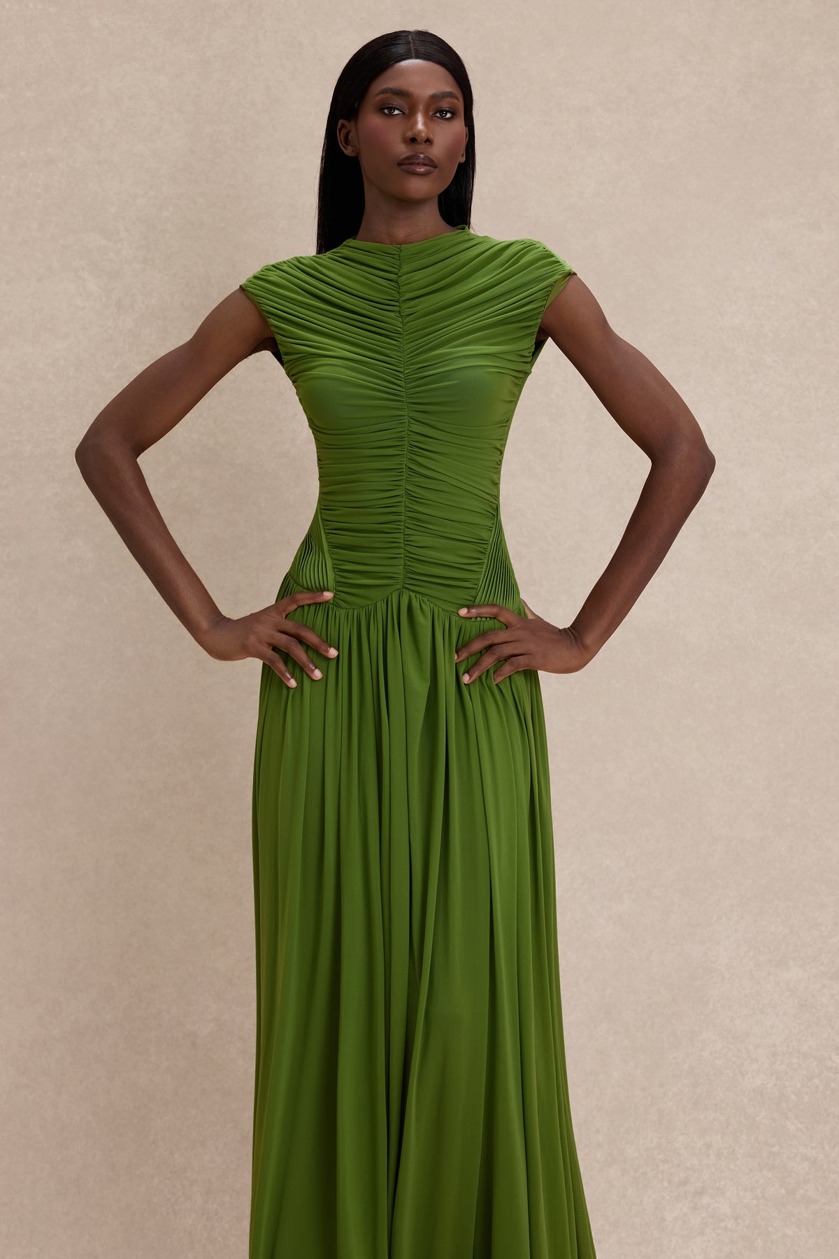 Gathering Solid Maxi Dress With Gloves