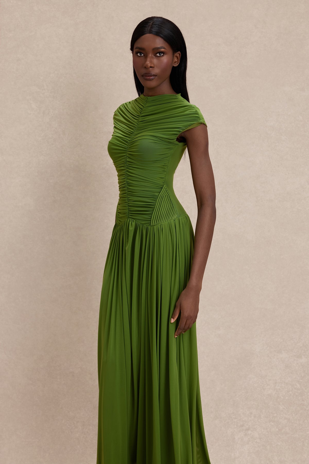 Gathering Solid Maxi Dress With Gloves