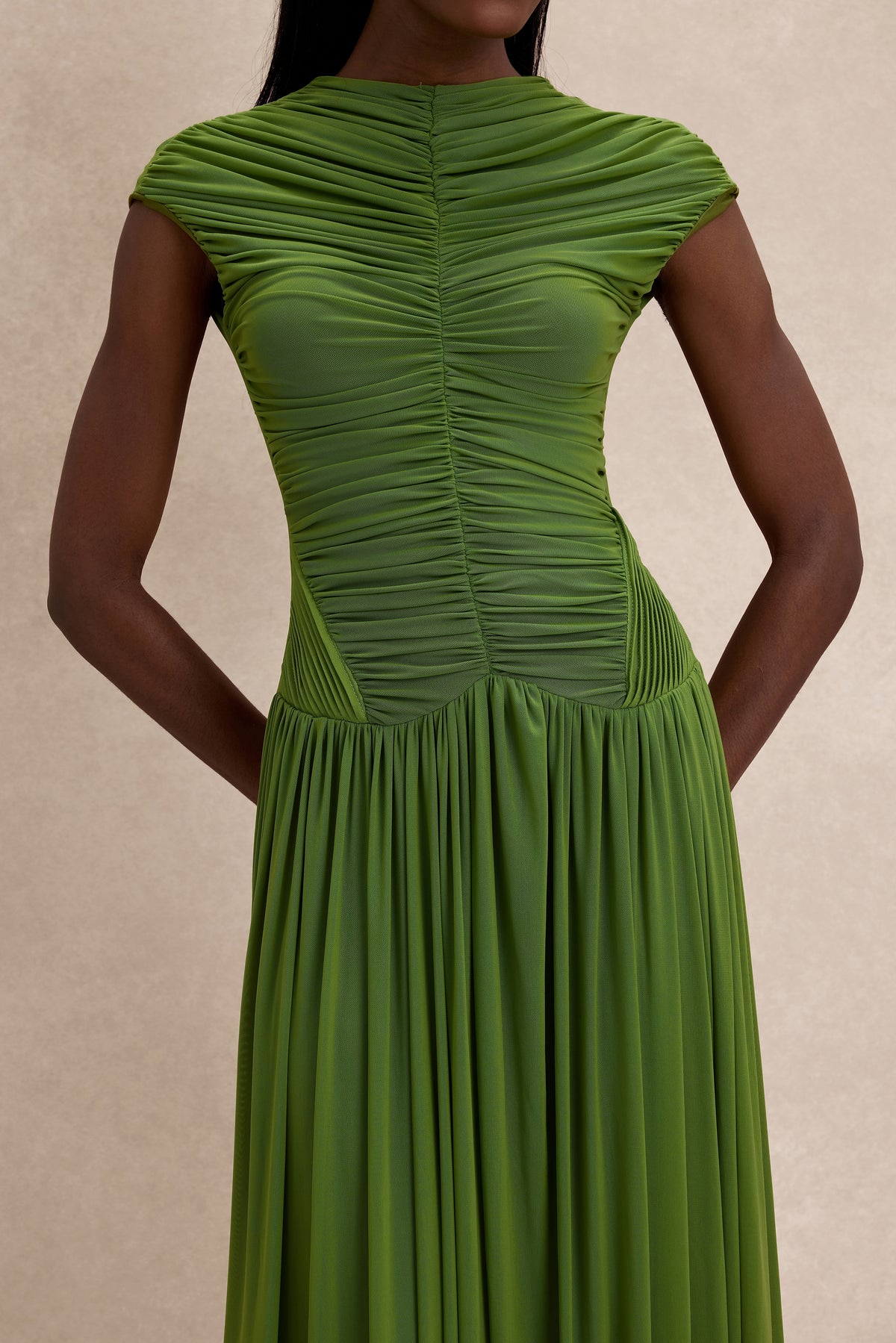Gathering Solid Maxi Dress With Gloves