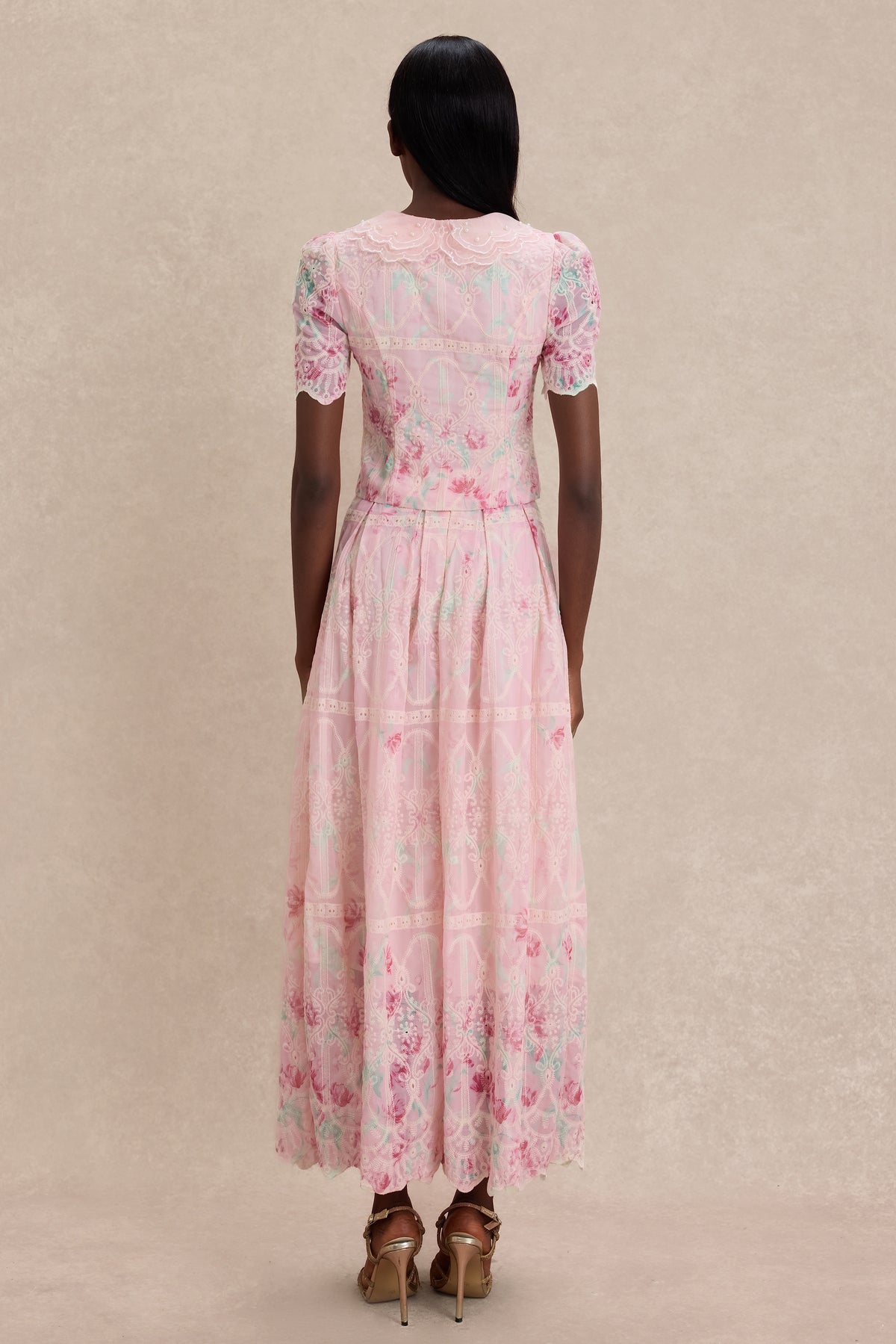 Floral Print Embroidery Doll Collar Top With Midi Skirt Set