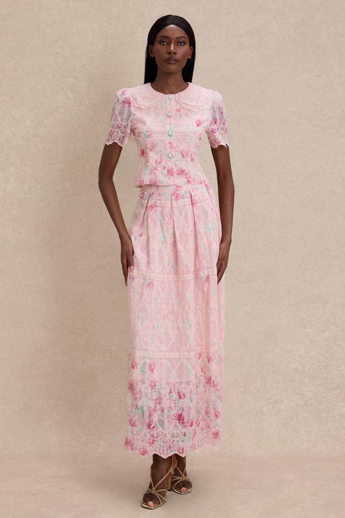 Floral Print Embroidery Doll Collar Top With Midi Skirt Set