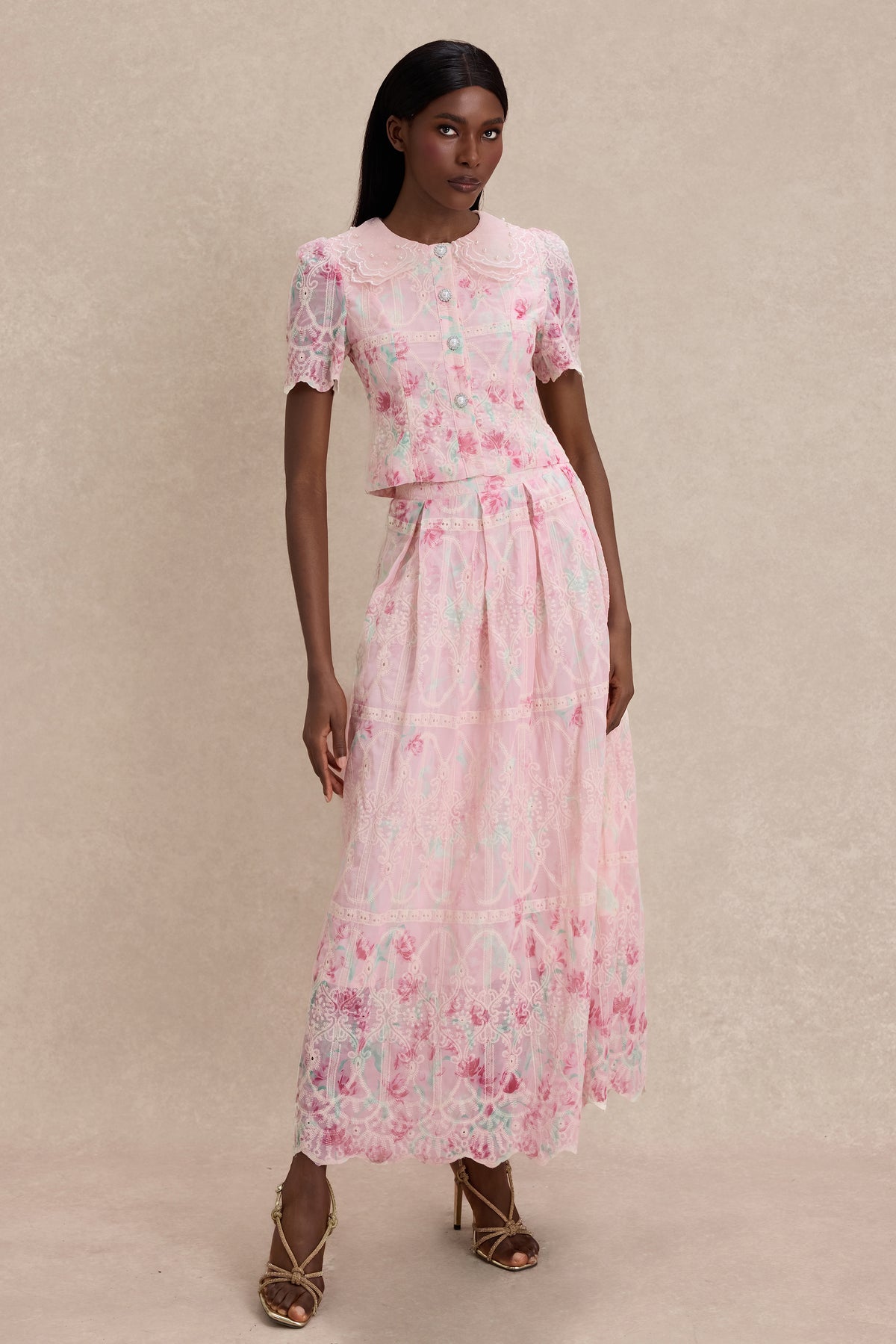 Floral Print Embroidery Doll Collar Top With Midi Skirt Set
