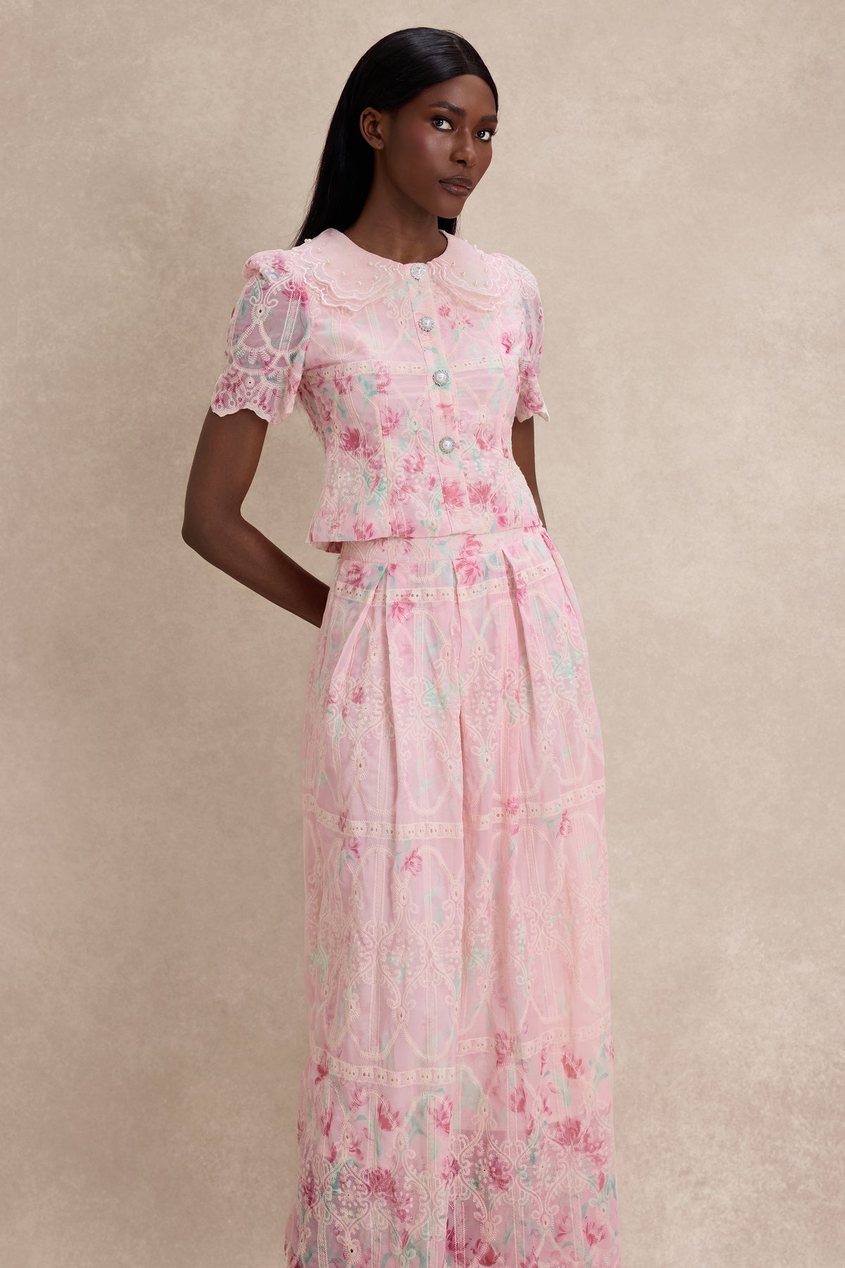 Floral Print Embroidery Doll Collar Top With Midi Skirt Set