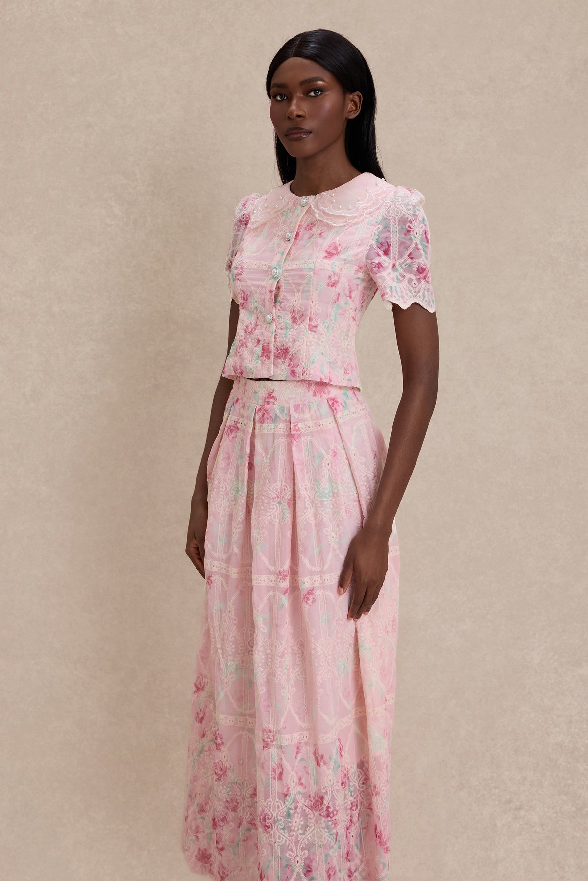 Floral Print Embroidery Doll Collar Top With Midi Skirt Set