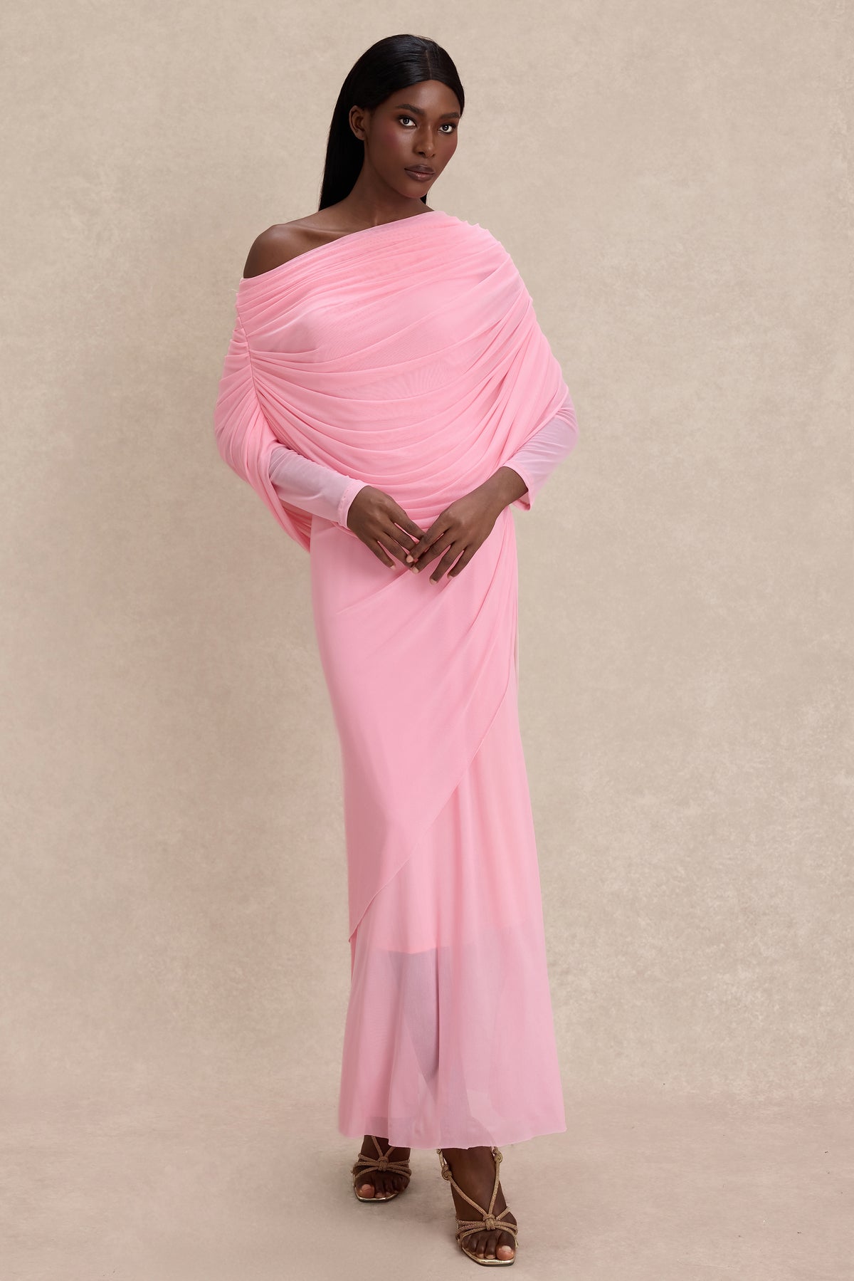 Solid Gathering One Shoulder Maxi Dress