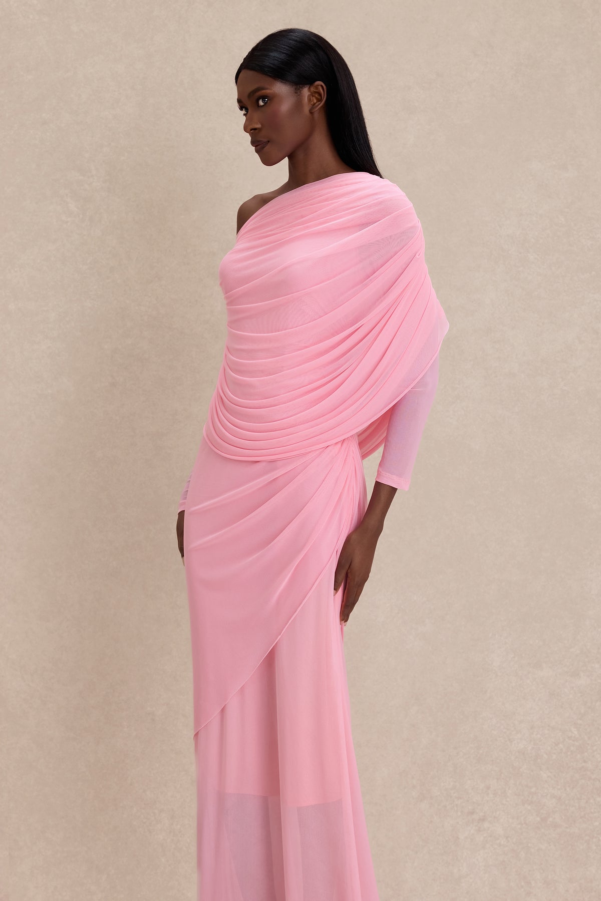 Solid Gathering One Shoulder Maxi Dress