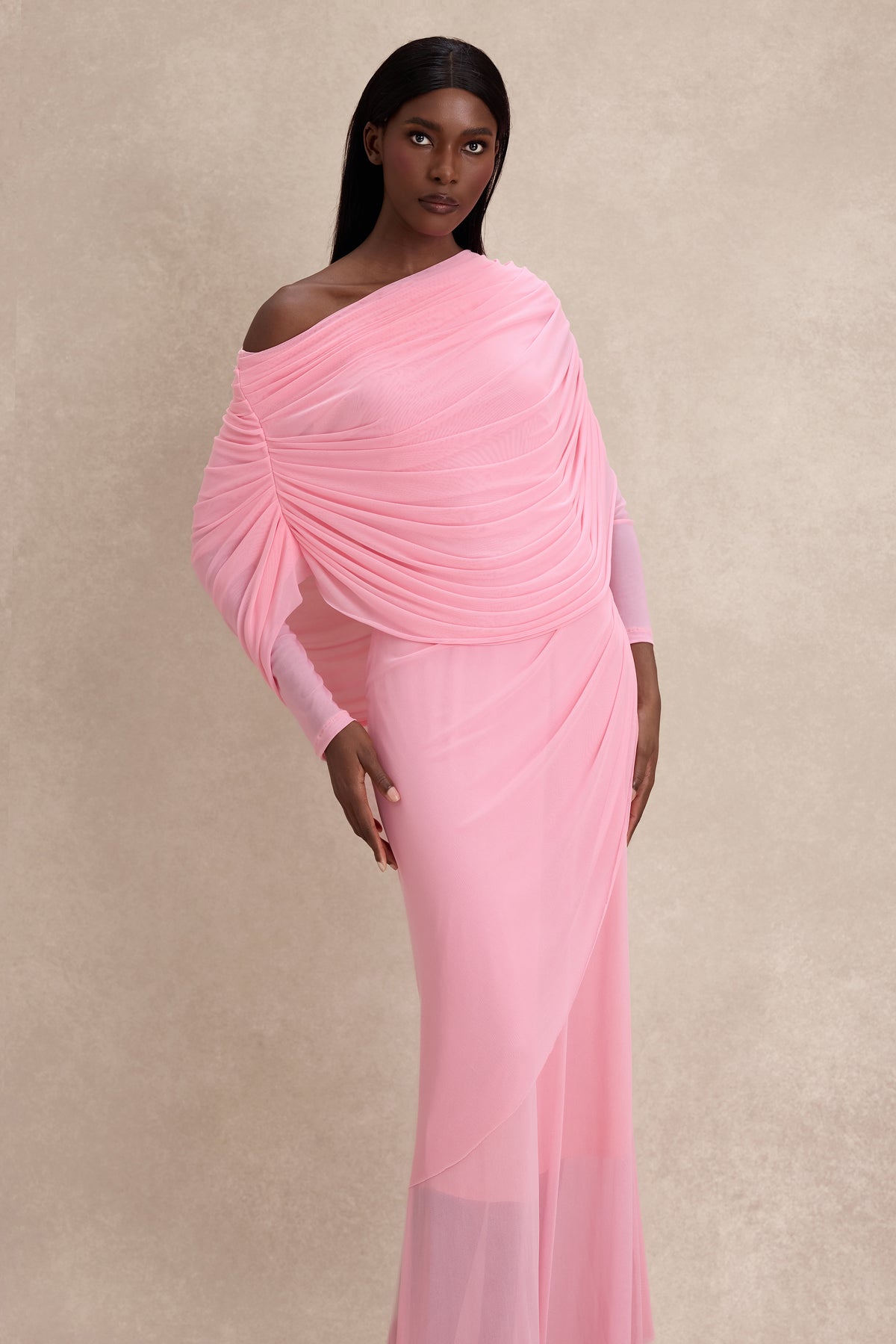Solid Gathering One Shoulder Maxi Dress