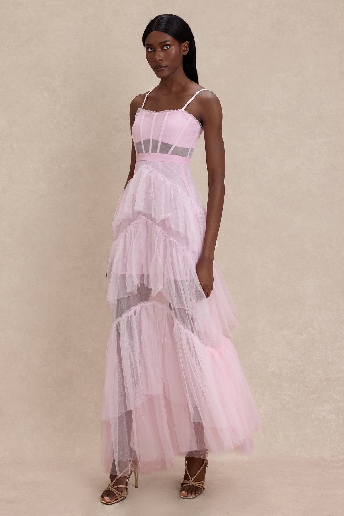 Mesh See-Through Ruffle Maxi Dress